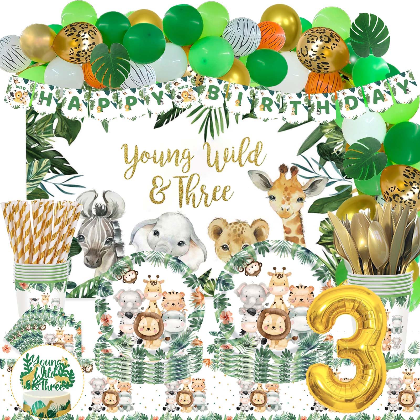 Fiesec Young Wild and Three Decorations Boy, 251 PCs Jungle Safari Animal Theme 3rd Birthday Party Supplies Boy Backdrop Balloon Garland Banner Cake