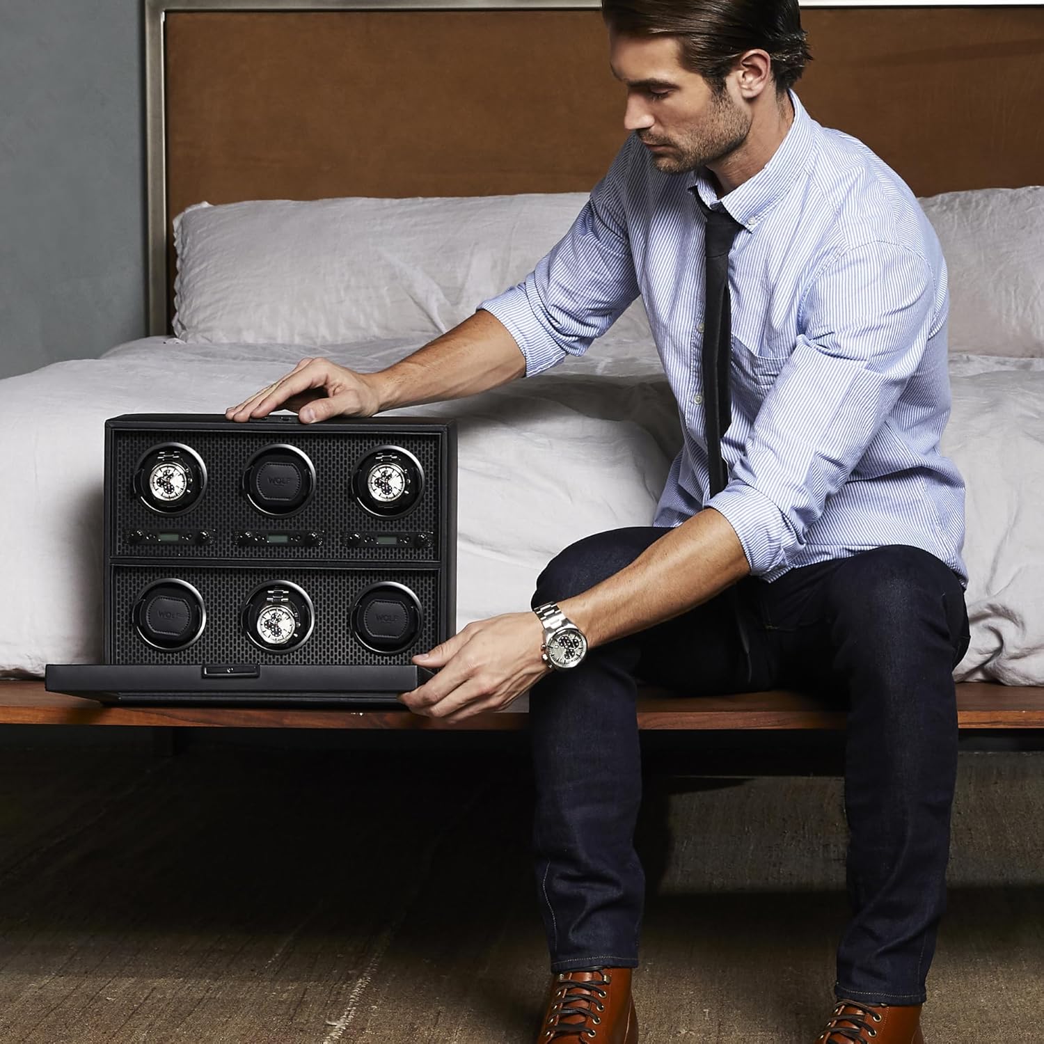 Wolf Axis Watch Winder with Glass Cover - Secure Fit with Patented Lock-in Dynamic Cuff - Accommodates All Wrist Sizes - Vegan Leather - Includes Universal Adapter