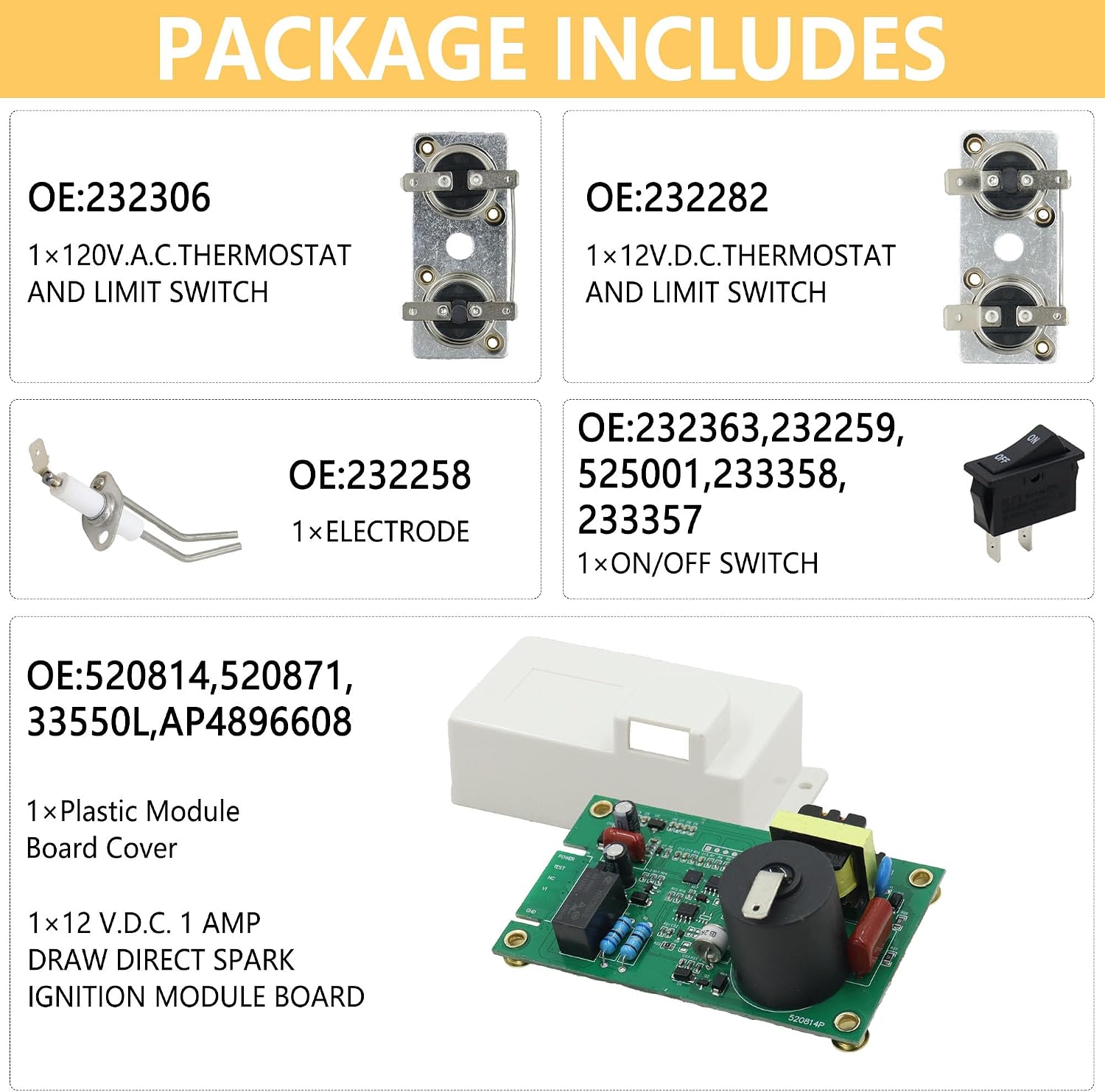 5in1 RV Water Heater Furnace Parts Spare Kit Fit for Suburban 520814 Ignition Control Circuit Board with 232306&232282Thermostat & E.C.O Switch,232258 Igniter Electrode 232362 Electric Element Switch