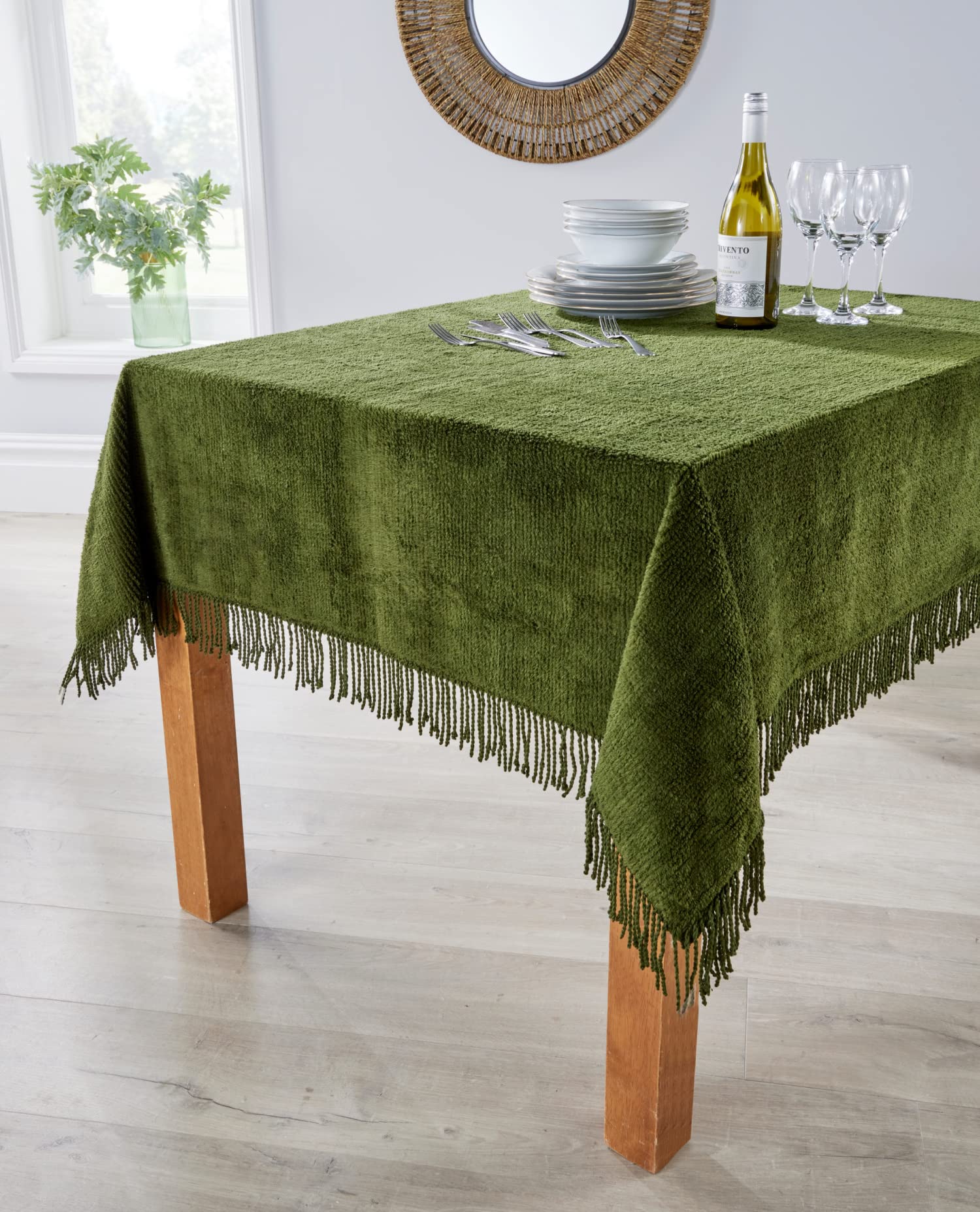 Diana Cowpe Chenille Tablecloth - Traditional - 100% Cotton - Fringed Edge - Square Tablecloth - Green - 137 x 137cm