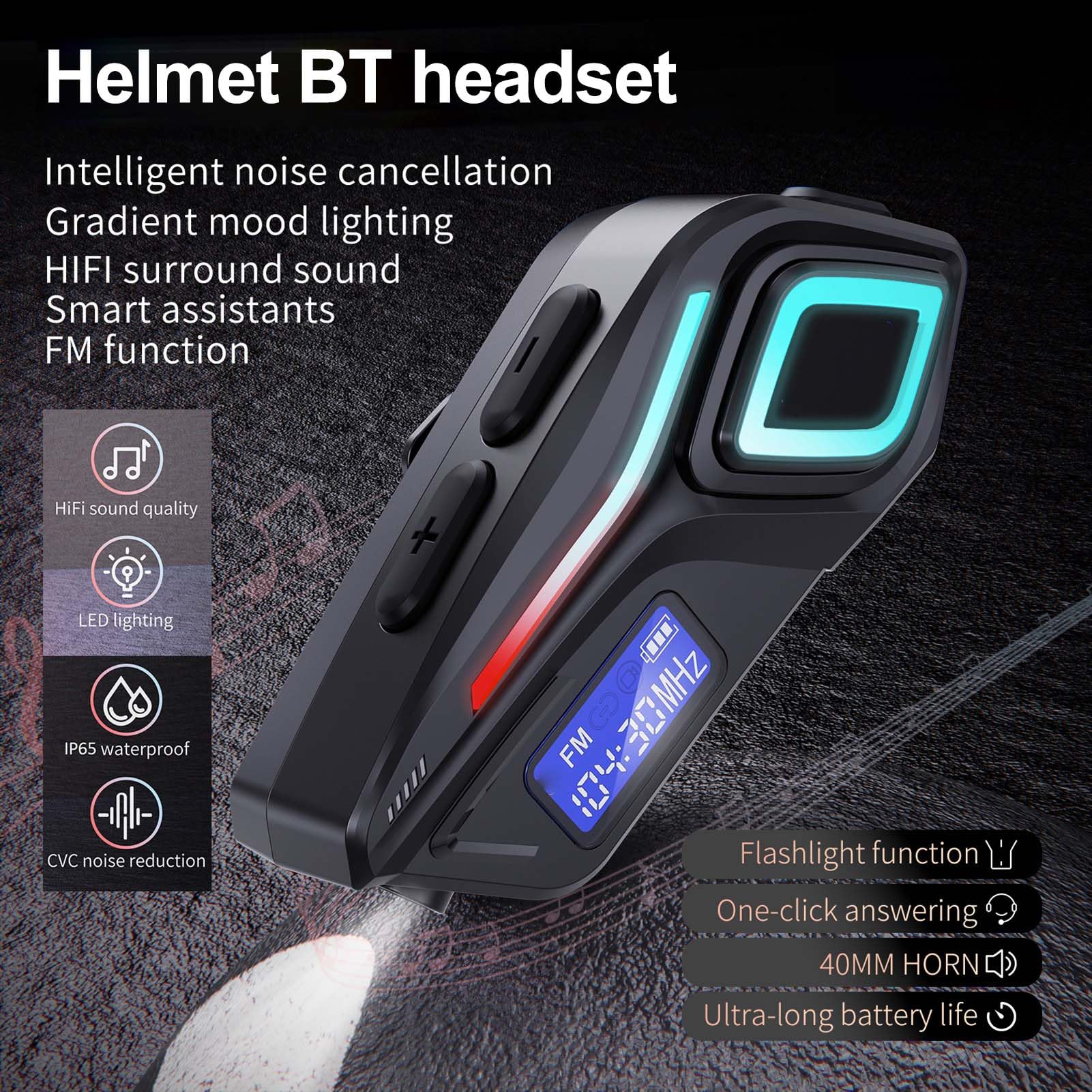 Docooler BT5.4 - Cuffie per casco da moto con radio FM, cuffie per moto con luce flashlight/ambiente, IP65, impermeabile, microfono per cancellazione del rumore, assistente vocale, digitale LCD