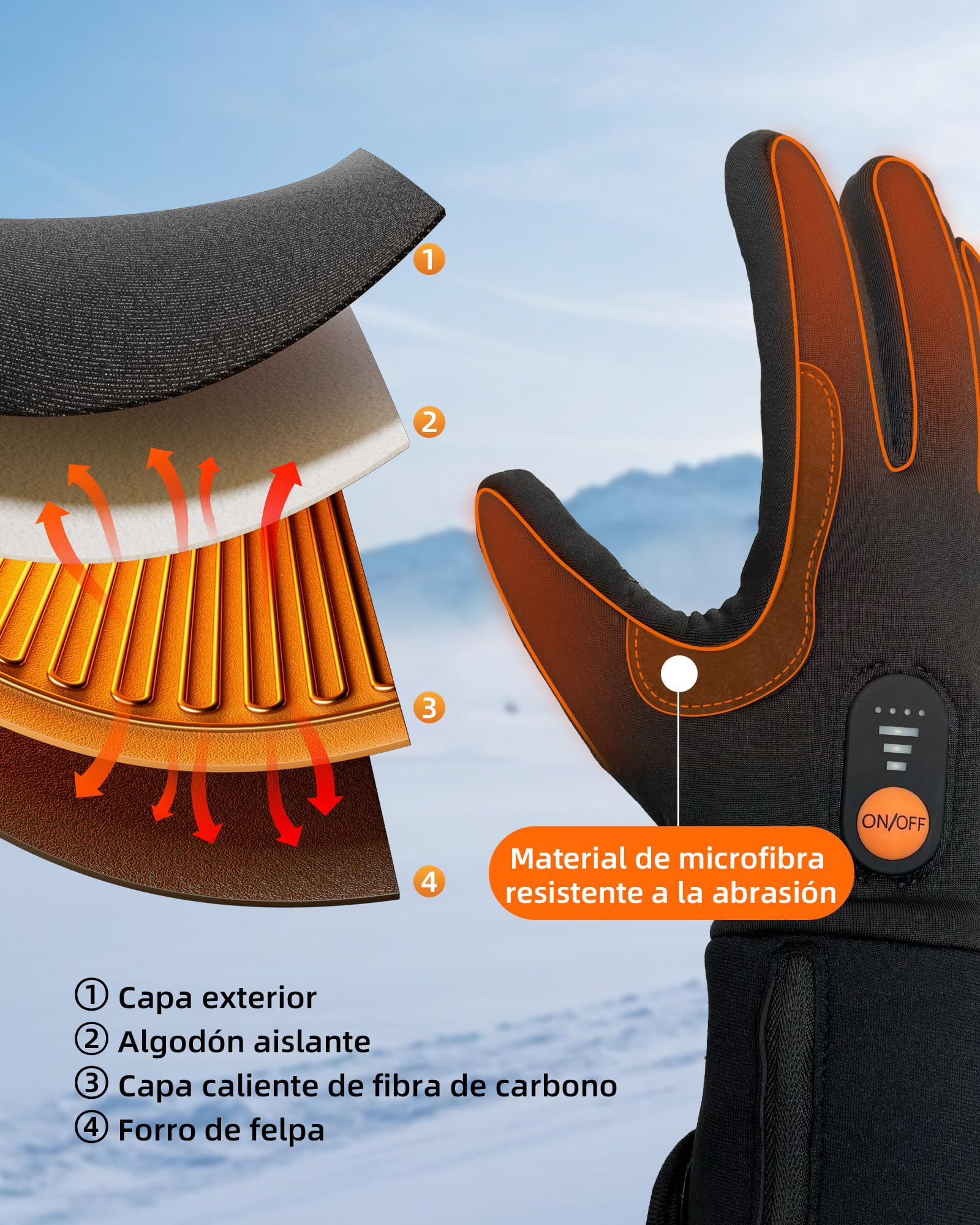 Guantes Invierno Táctiles Cálidos Calentados Impermeables Antideslizantes con Baterías Recargables para Hombre Mujer Ski Snowboard