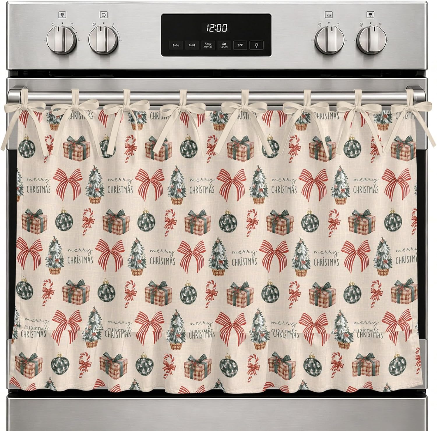 Christmas Oven Curtain with Tie Top, Winter Xmas Tree Wrapped Gift Boxes Ribbon Bows Rustic Oven Skirt Curtains with Tie Top Cabinet Cover Curtain for Small Kitchen Apartment Decor 27 x 20 Inches