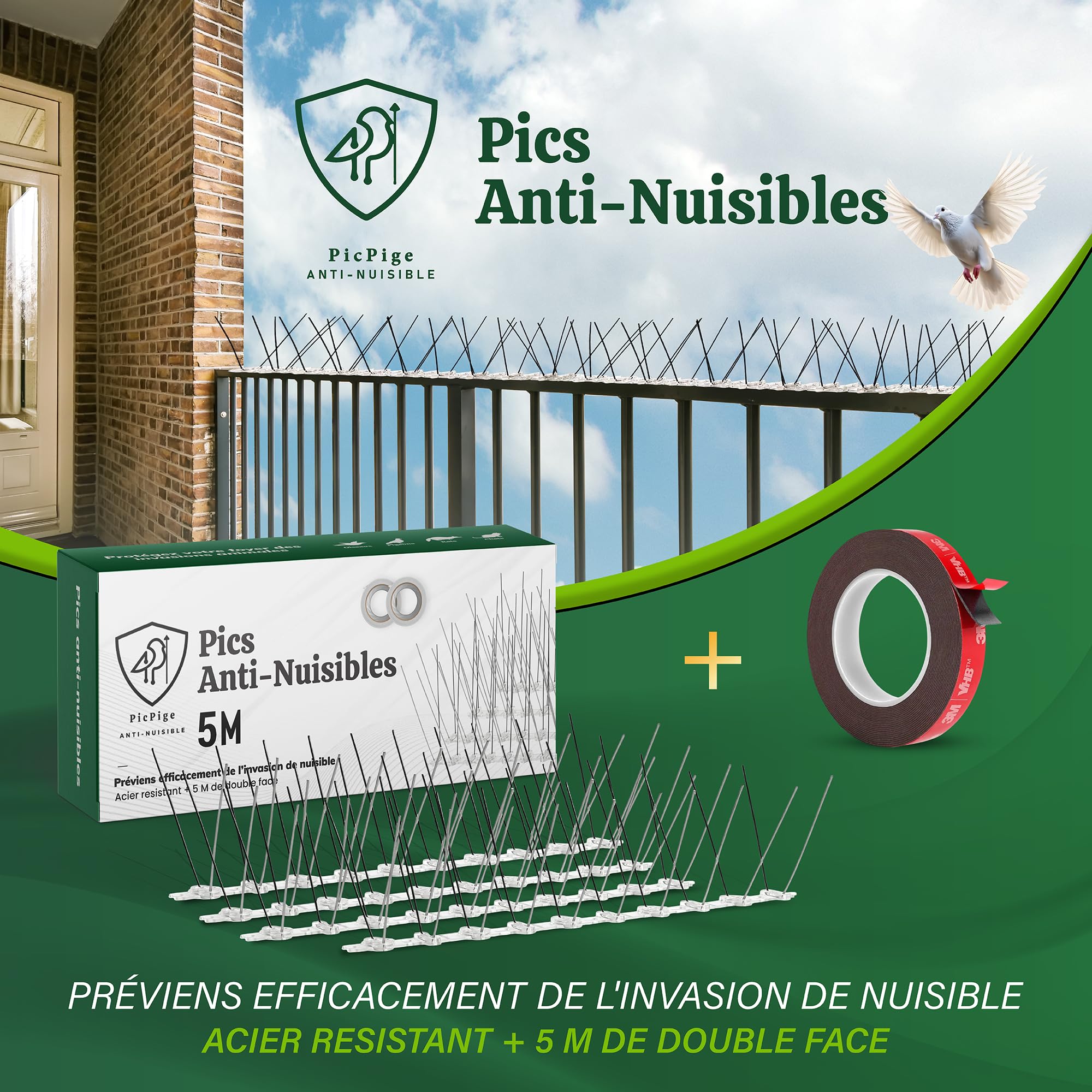 Pic Anti Pigeon - 5 Mètres - Acier Inoxydable - 5M de Double Face Inclus - Pique Anti Oiseaux -Anti nuisible pour Balcon,fenêtre,Toit- Antipigeon- Pic Anti Chat (5 Mètres)