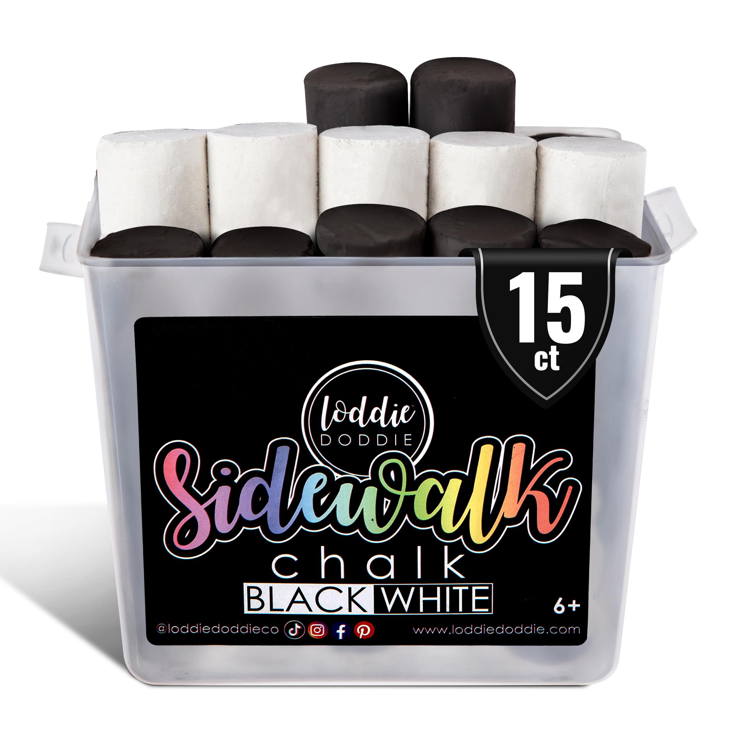 Loddie Doddie Jumbo Chalk Sticks - 15 Count Bucket, 10 Black & 5 White - Non-Toxic Low-Dust for Sidewalk Chalk for Kids - Black & White Art for Sidewalk Paint