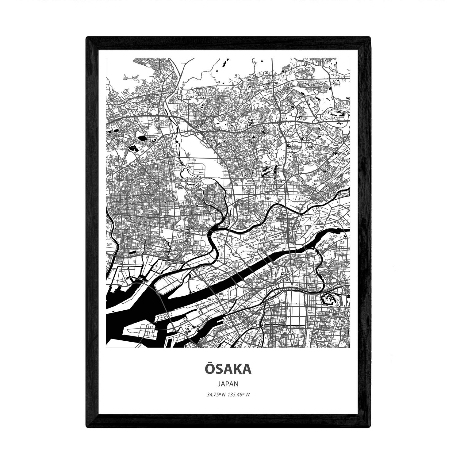 Nacnic Poster with map of Osaka - Japan. Asian cities sheets with seas and rivers in black color. A3 size