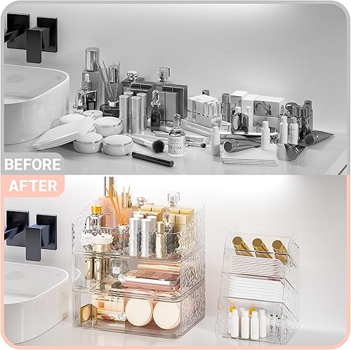 Miniatura 7 de Organizador de maquillaje con soporte para brochas, cajones de maquillaje de plástico para tocador, estuche de almacenamiento apilable transparente,