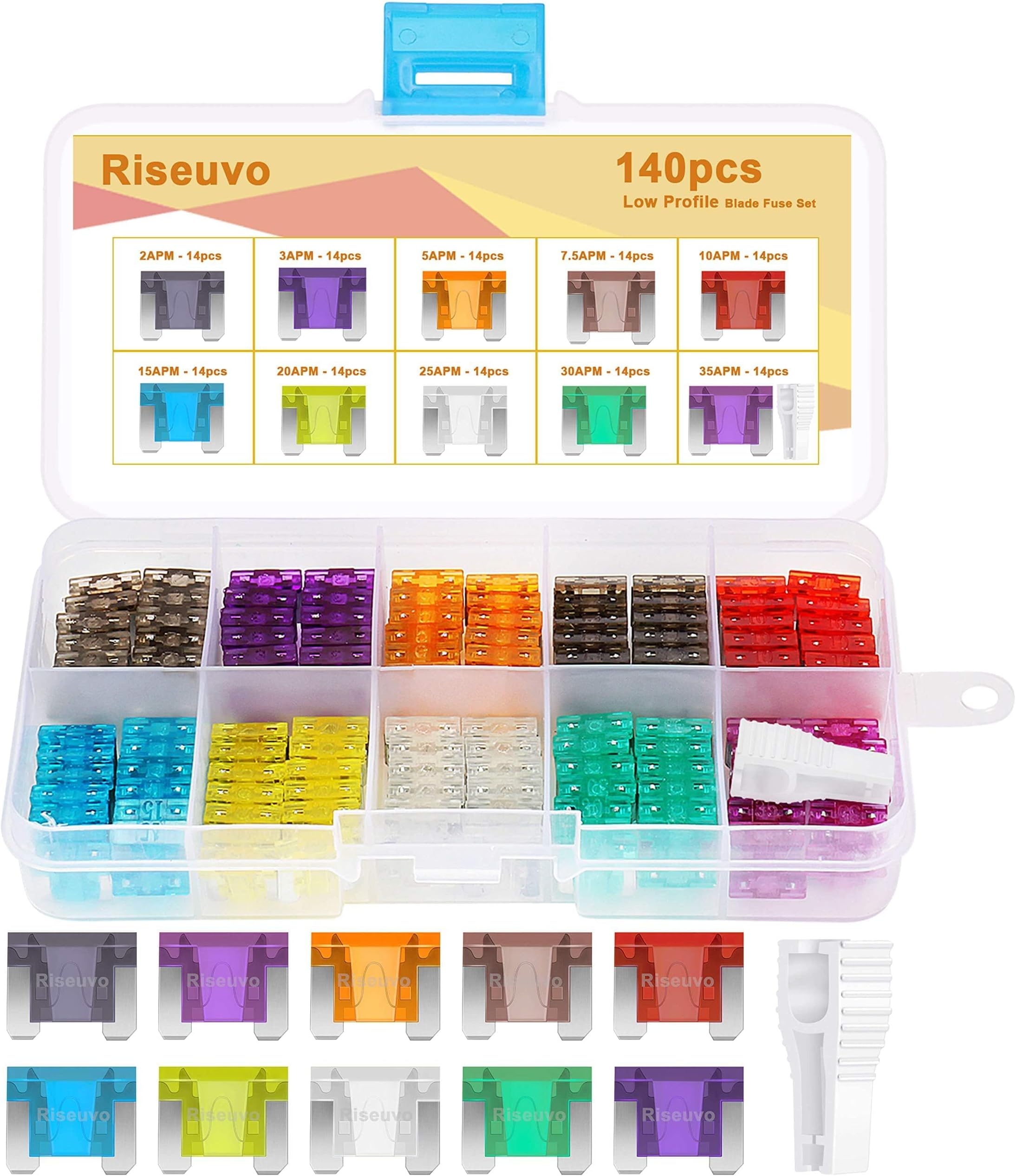 140pcs Low Profile Mini Blade Fuses - Riseuvo Car Automotive Low Profile Fuses with Puller Tool (2 3 5 7.5 10 15 20 25 30 35 AMP)
