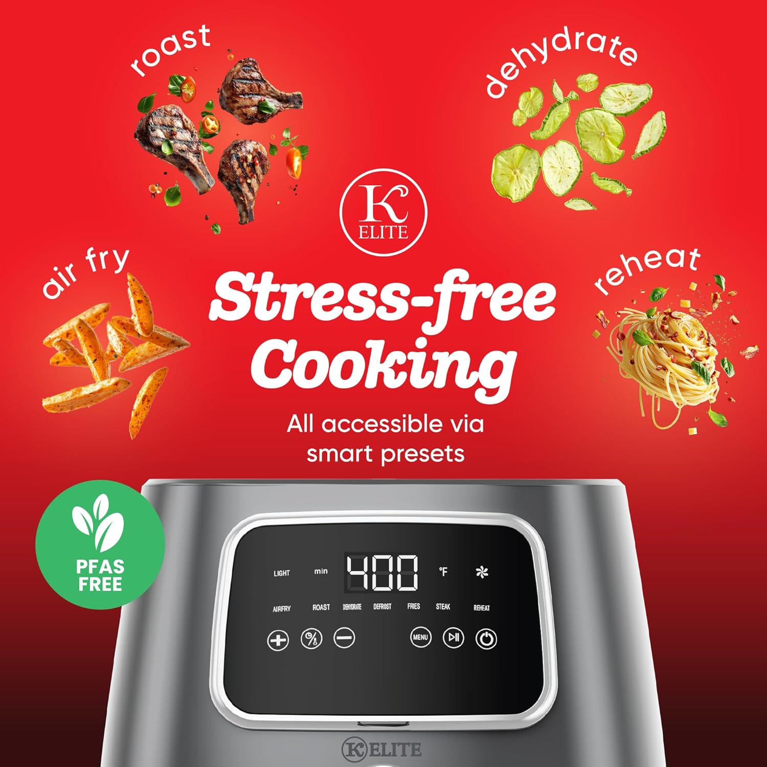 Kitchen Elite 5.5 Qt. Digital Air Fryer, Countertop Cooker with LED Screen, Presets for Air Fry, Roast, Dehydrate, Defrost and Reheat, Grey