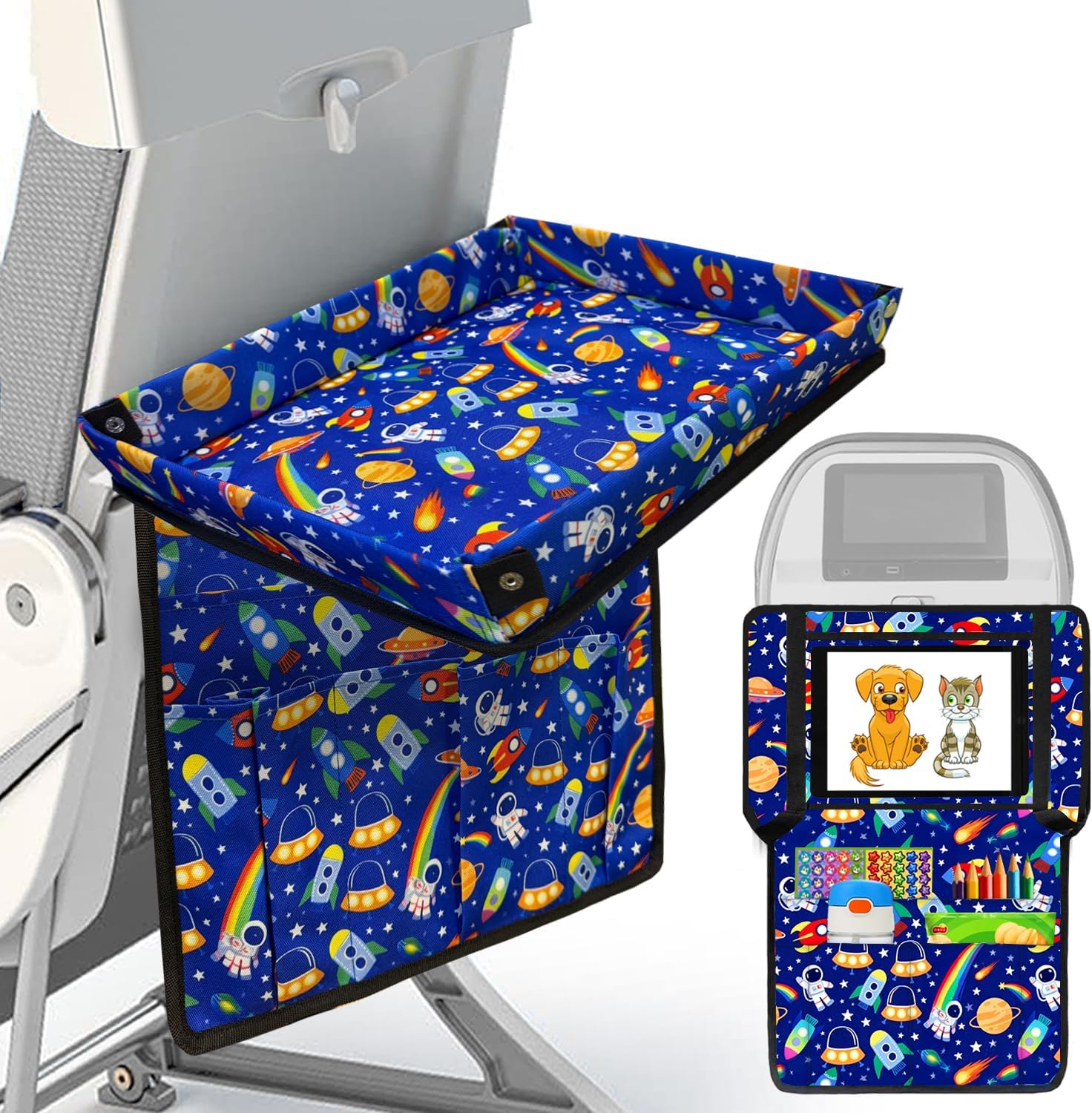 調節可能な子供用トレイテーブルカバー、マルチポータブルポケット付き、飛行機旅行の必需品、子供、幼児、大人、飛行機の必需品、飛行機旅行