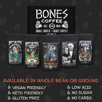 Bones Coffee Company NEW Favorite Flavors Sample Pack, Assorted Flavored Coffee Low Acid Medium Roast Arabica Beans Specialty Coffee Gifts, Auto Drip and French Press Compatible, 4 oz Pack of 5 Ground