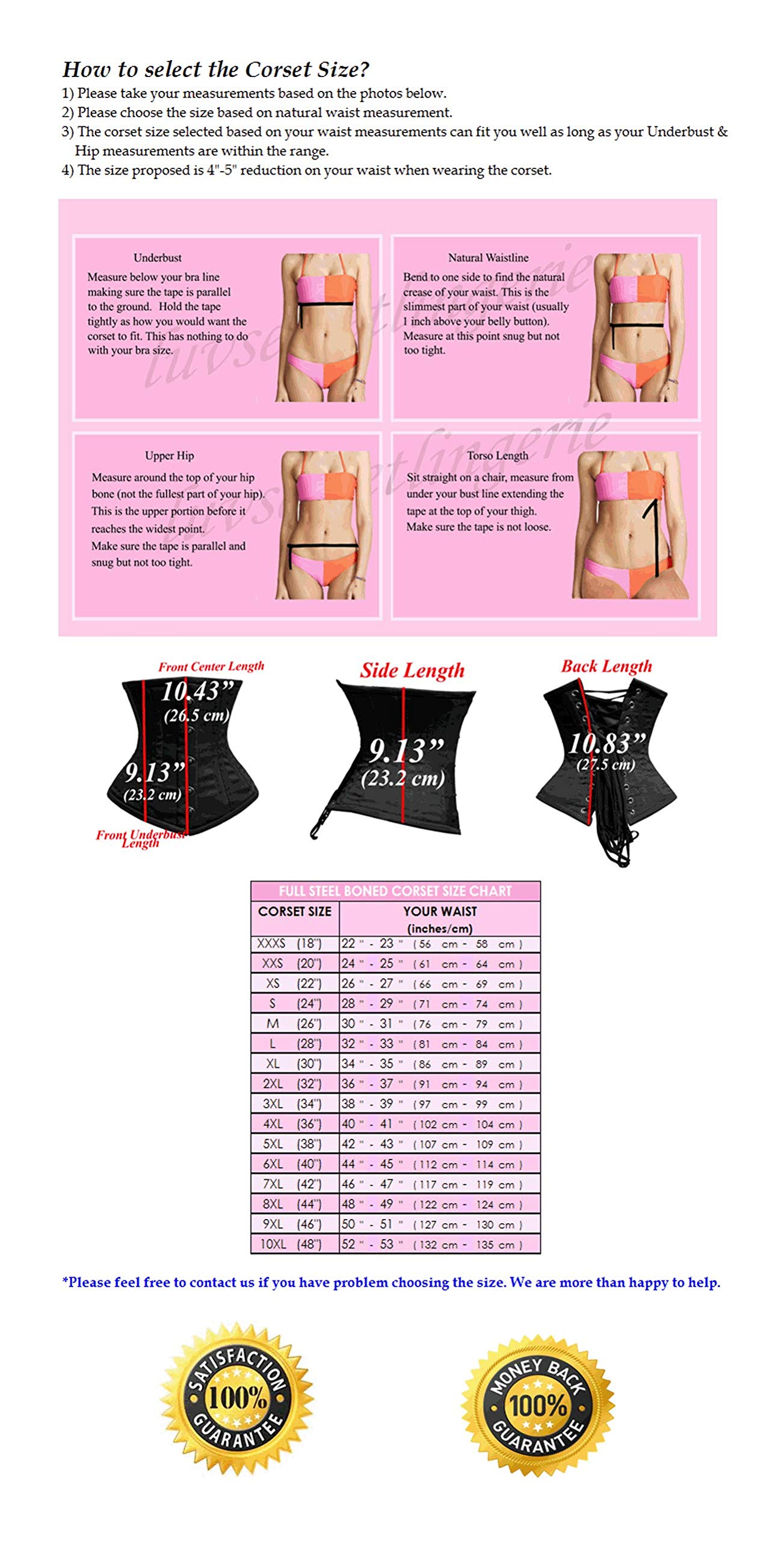 Mujer 18/26 Acero Steampunk gótico Waist Trainer Corsé de Underbust Cintura Waist Cincher Shaper Bustier Corset