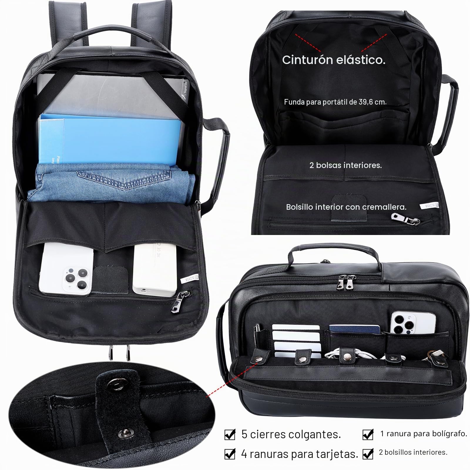 TIDING Mochila Portatil 15.6 Pulgadas para Hombre de Cuero Genuino Profesional Convertible en Maletin Ampliable Antirrobo Gran Capacidad de Viaje Diario, Negro