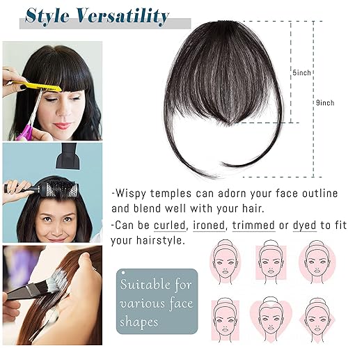 Miniatura 6 de S-noilite Flequillo de cabello humano con clip, extensión de flequillo de aire fino con sienes, 1 clip de una pieza, extensiones de cabello Remy