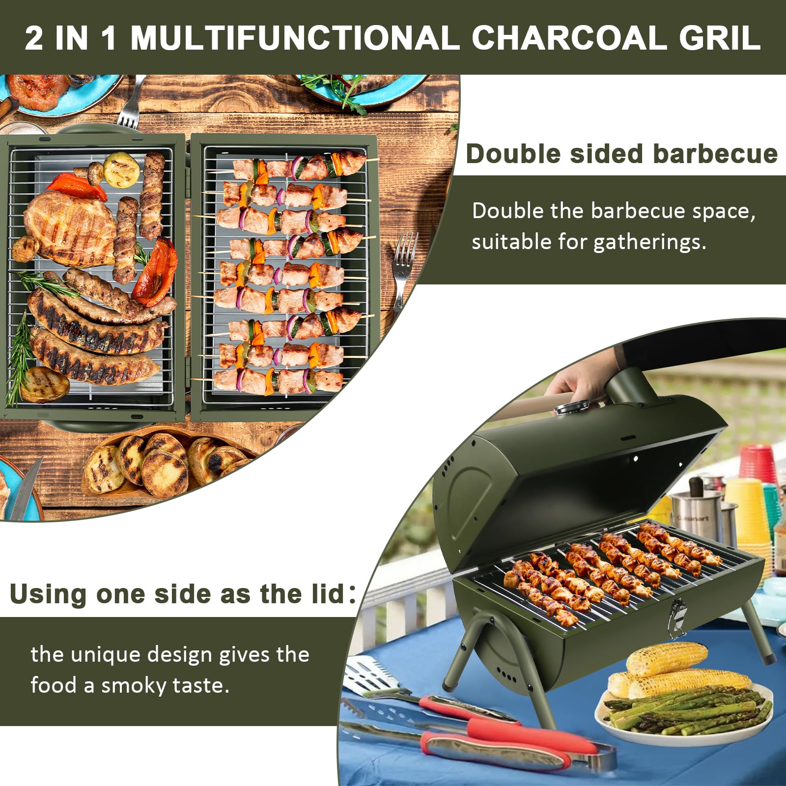 Barbecue Portable 2 en 1 avec Thermomètre BBQ à Charbon, Vert | Grill de Table, Pour Jardin Balcon Voyage Camping