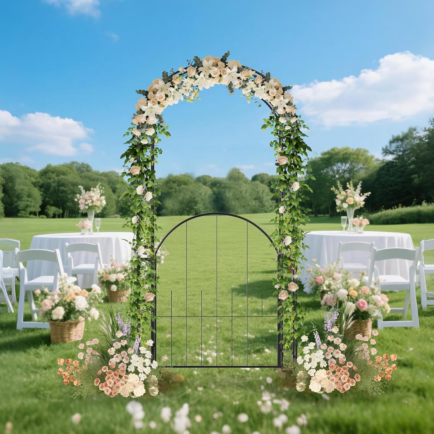 HAPPYGRILL 84" Garden Arbor with Gate & Climbing Trellises, Metal Garden Arch Archway for Outdoor Climbing Plant Rose Vine, Wedding Arch for Ceremony, Backyard Lawn Party Decor Patio Entrance