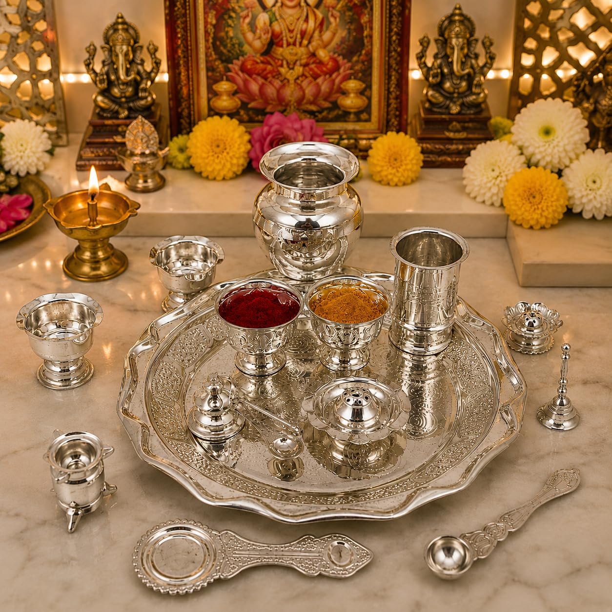 German Silver Pooja Thali Set of 11 Pieces | 12 Inch Decorative Puja Plate with Kalash, Diya, Panchpatra, Achmani, Haldi Kumkum Bowls & Pooja Accessories | Traditional Mandir Set-picture-26