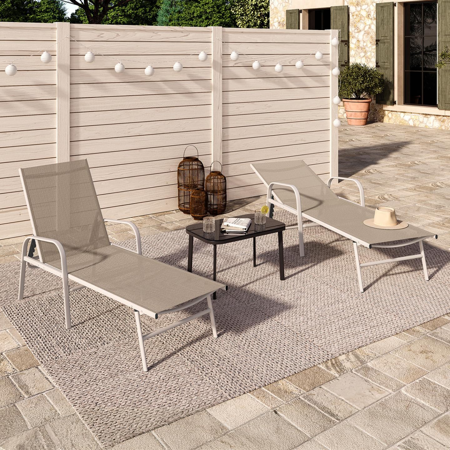 IDMarket - Lot de 2 transats de Jardin inclinables Fidji en Acier Blanc et Toile Beige