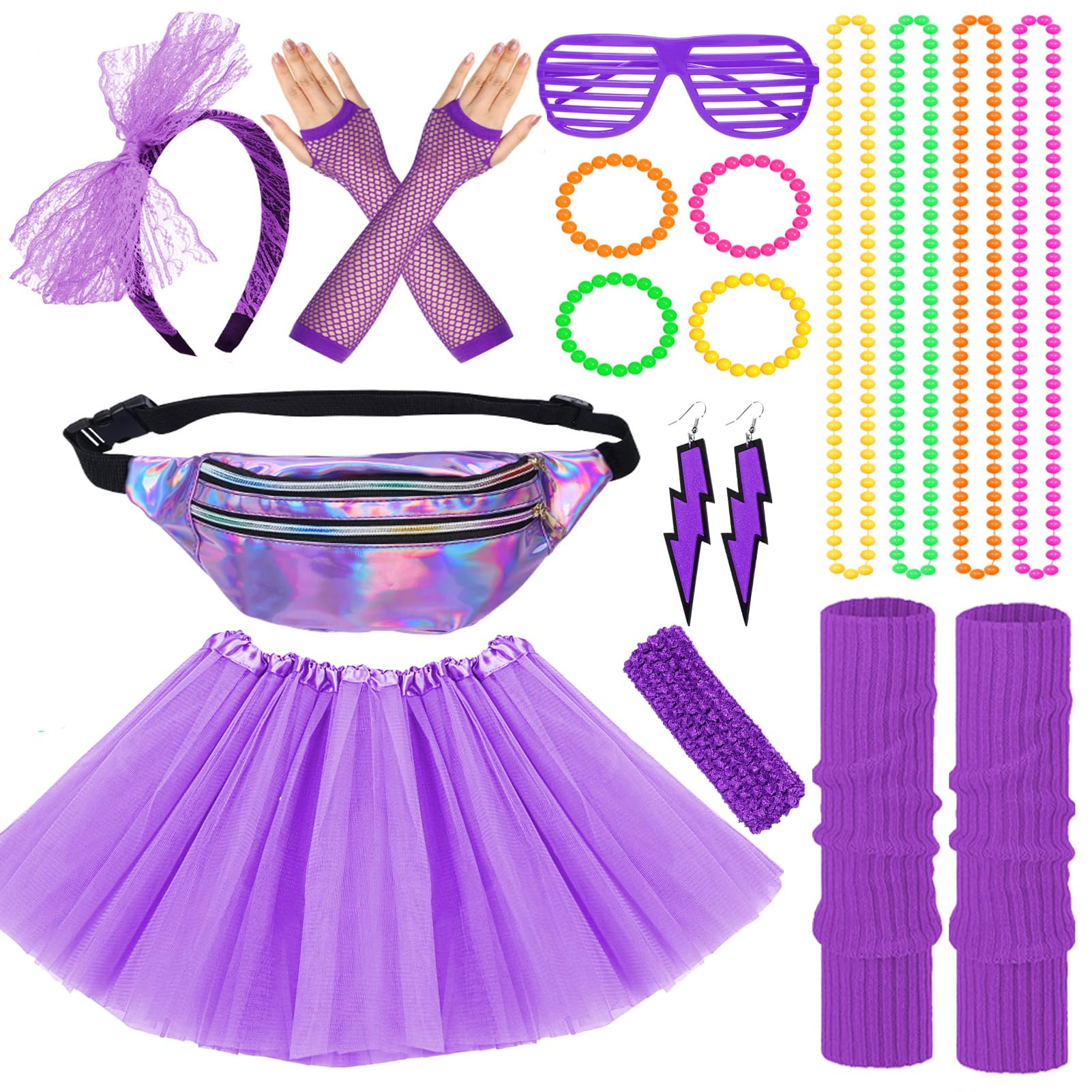 Aleshime 80s Fancy Dress Costumes Accessories for Women Girls, 1980s Fancy Party Costume Accessories Set Kits, Tutu Skirt Waist Bag Leg Warmers Necklaces Bracelet Fishnet Gloves Headband Earrings