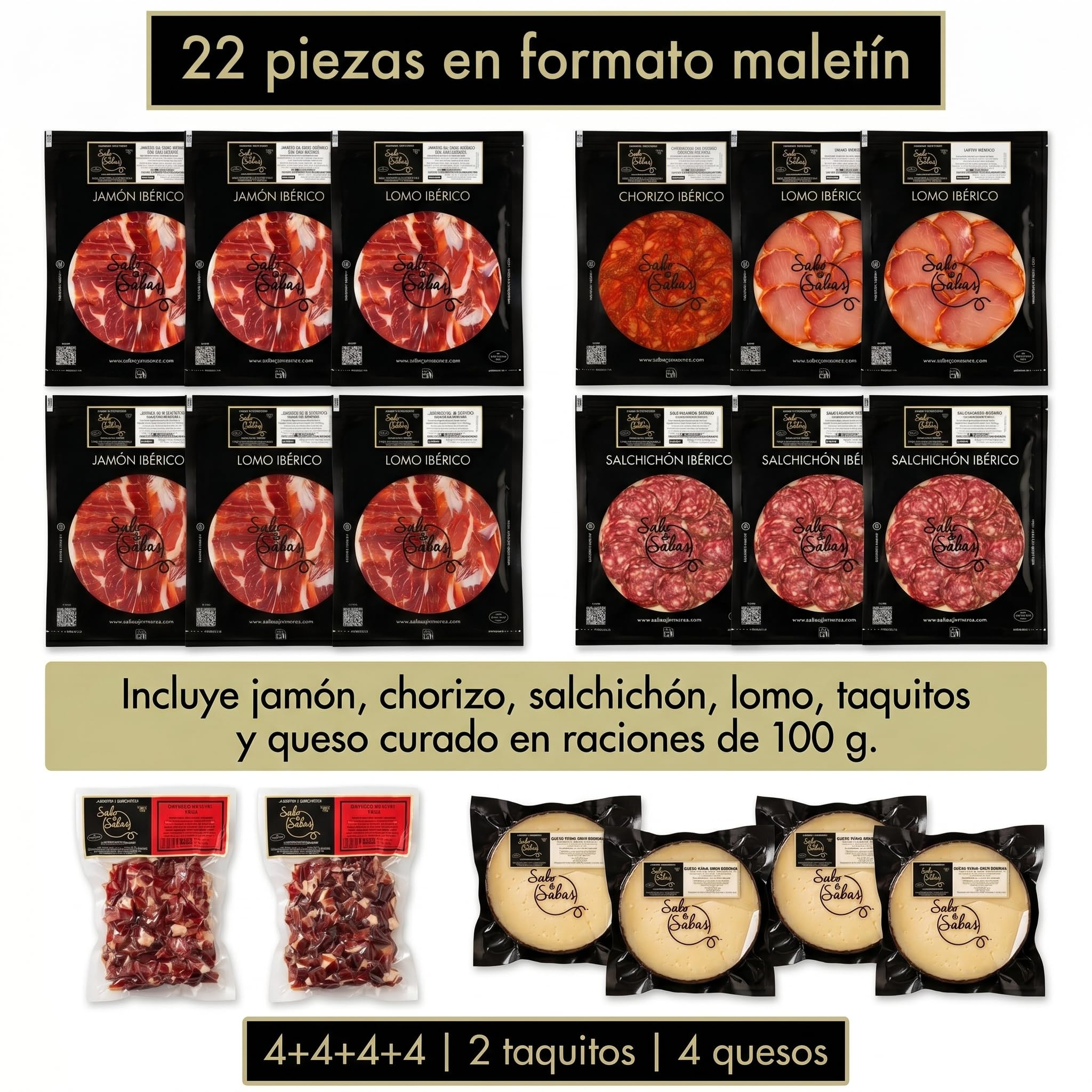 SABE A SABAS Cesta de ibéricos 4 sobre de jamón ibérico 4 de salchichón 4 de chorizo 4 de lomo 2 sobre de taquito iberico 4 sobres cortados a tapitas queso Curado de Oveja todos de 100 gr