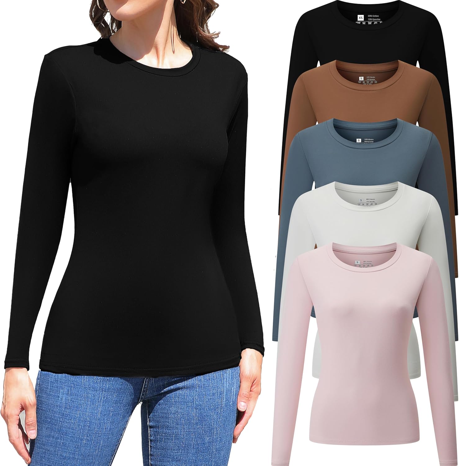 5 Pack Womens Long Sleeve Tops Crew Neck Basic T Shirt Fall Stretch Tight Fitted Thermal Shirts Fashion Clothes 2025