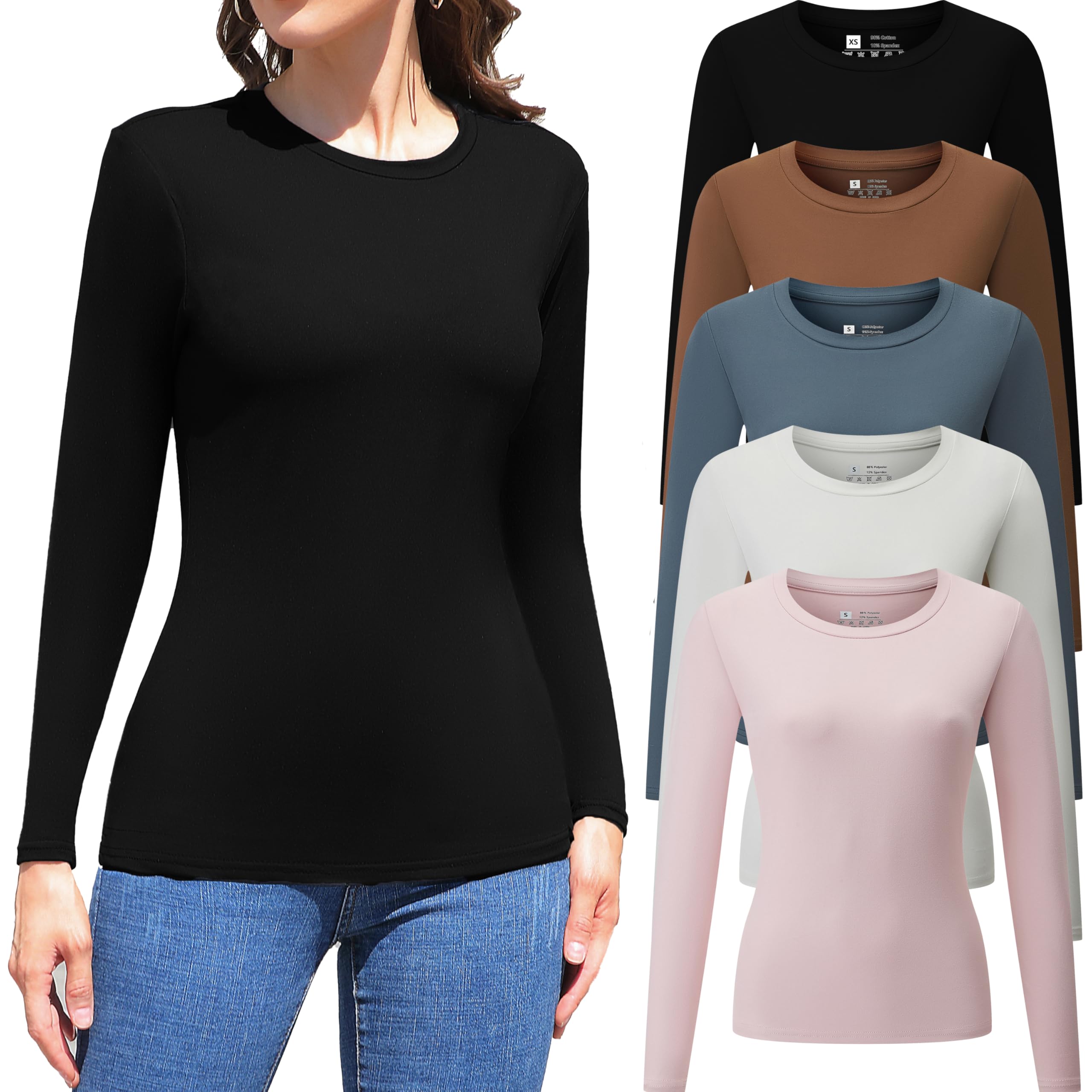 Vomidia 5 Pack Womens Long Sleeve Tops Crew Neck Basic T Shirt Fall Stretch Tight Fitted Thermal Shirts Fashion Clothes 2025