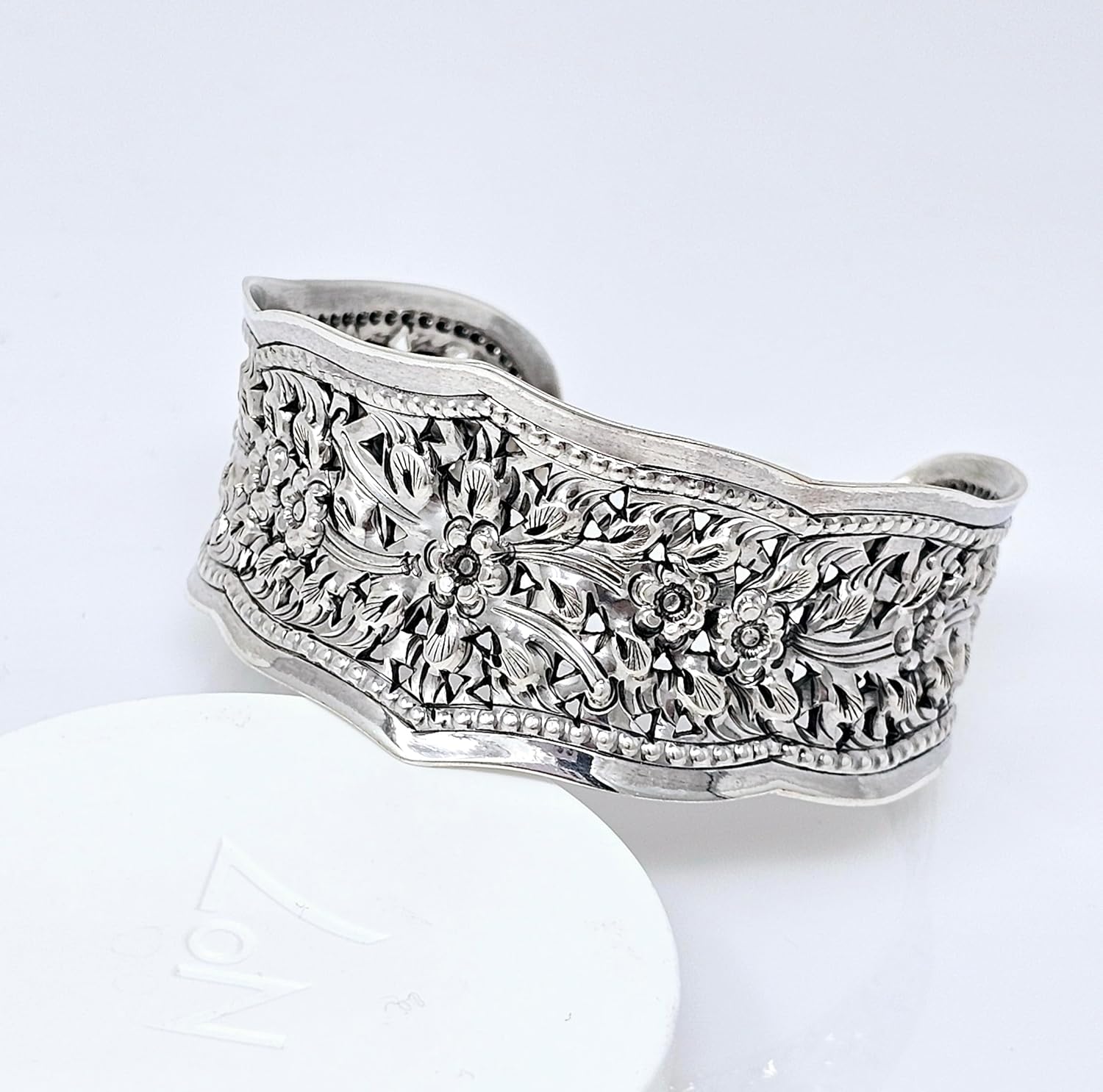 Women's Silver Wide Cuff Bangle Bracelet - Handmade 925 Sterling Silver Floral Bangle for Women | Jewelry Gift for Her