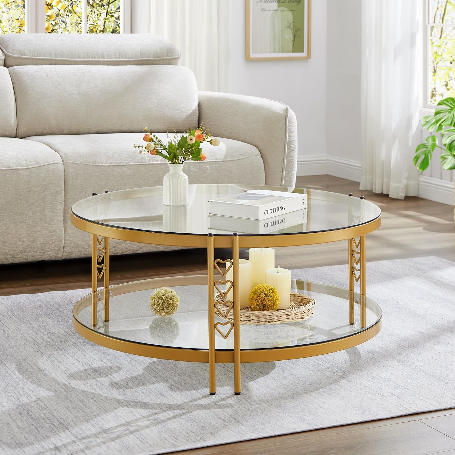 36" Round Glass Coffee Table,Gold Coffee Table with Storage
