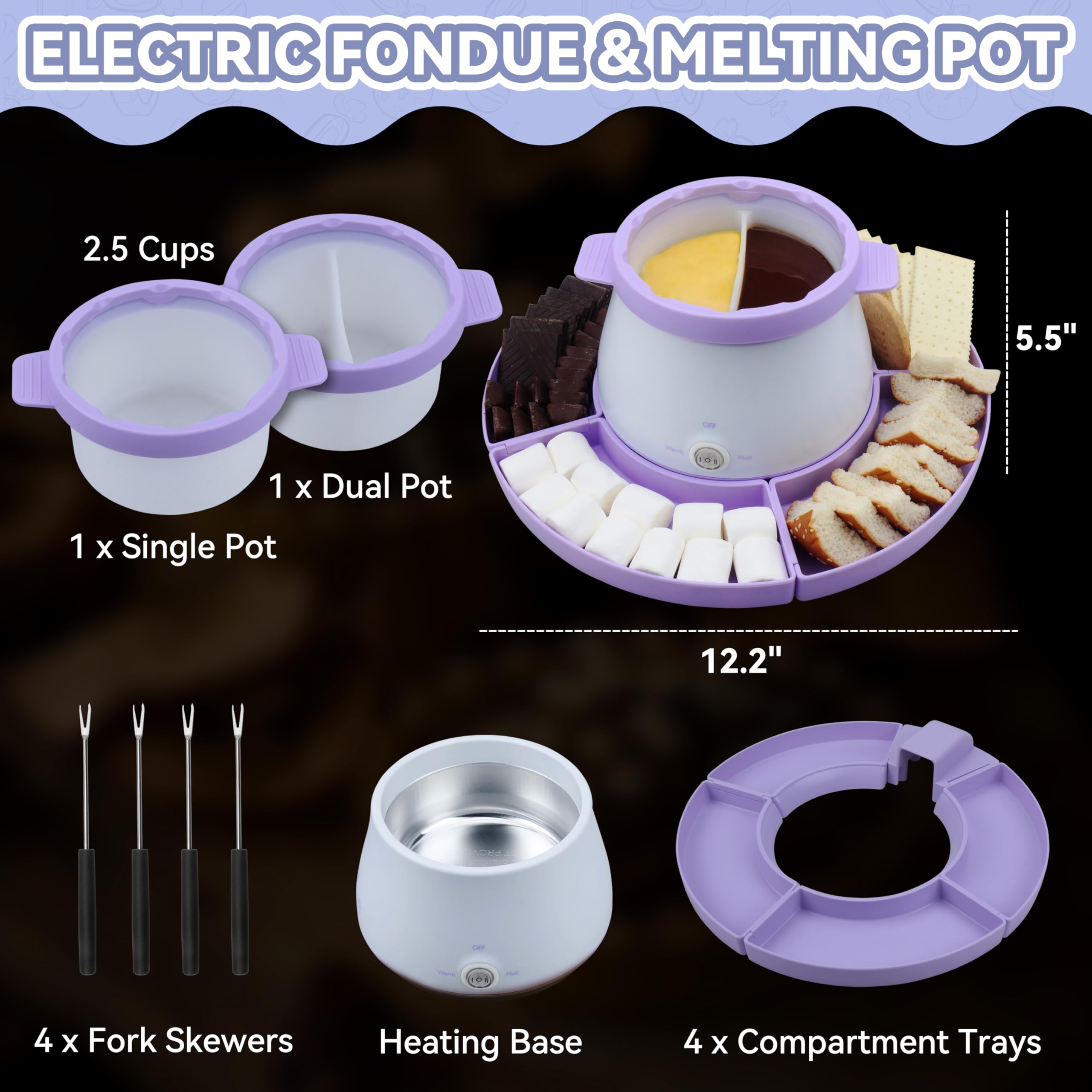 Party Desserts Electric Fondue Pot Set with 2 Pots, Melting Chocolate Warmer for Dipping, Candy & Chocolate Melting Pot, Fondue Pot Electric Set, Fondue Forks Included, 2.5 Cups, Lavender - 5
