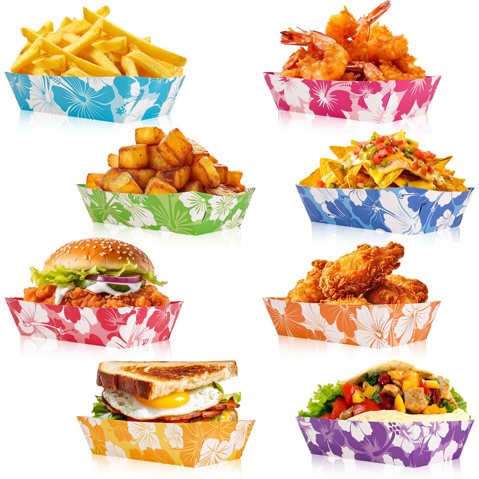 HOWAF 24 PCS Hawaiian Hibiscus Party Paper Food Trays Disposable Food Boats Hawaiian Food Tray Party Supplies for Hibiscus Party Hawaiian Aloha Party