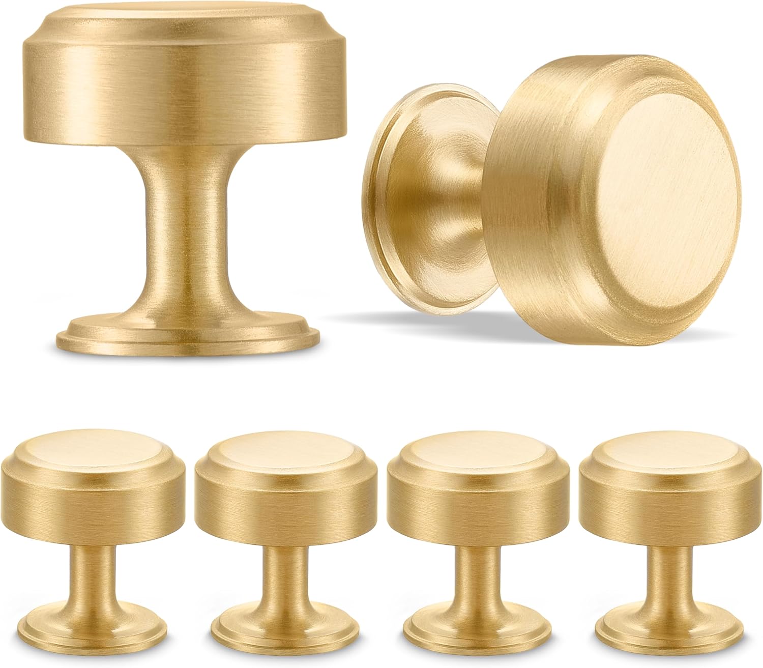 RZDEAL 6pcs Solid Brass Gold Cabinet Knobs, 1 Inch Round Cabinets Pulls for Kitchen Drawer and Dresser，Brass Brushed Finish