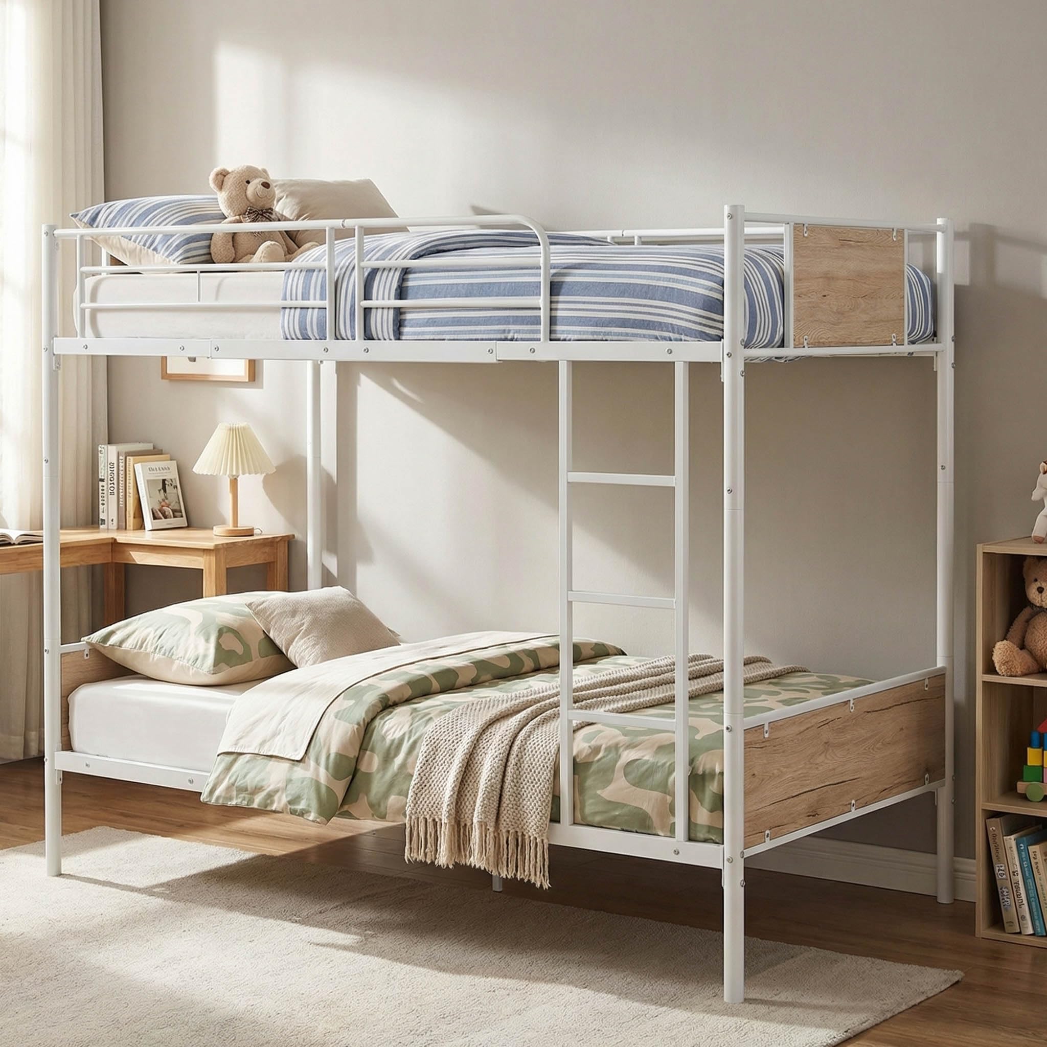Bunk Bed, Single Size, Top and Bottom Split, Loft Bed, Storage Bed, Steel Frame, Sturdy 16 Slats, Children's Room, Simple Nordic Style, Wood Grain Top, Fall Prevention Guard Included, Assembly