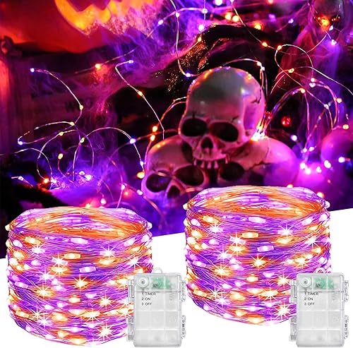Guirnalda de luces a pilas, paquete de 2 unidades, 100 LED, impermeables, alambre de cobre, luces parpadeantes con temporizador para Navidad, boda,