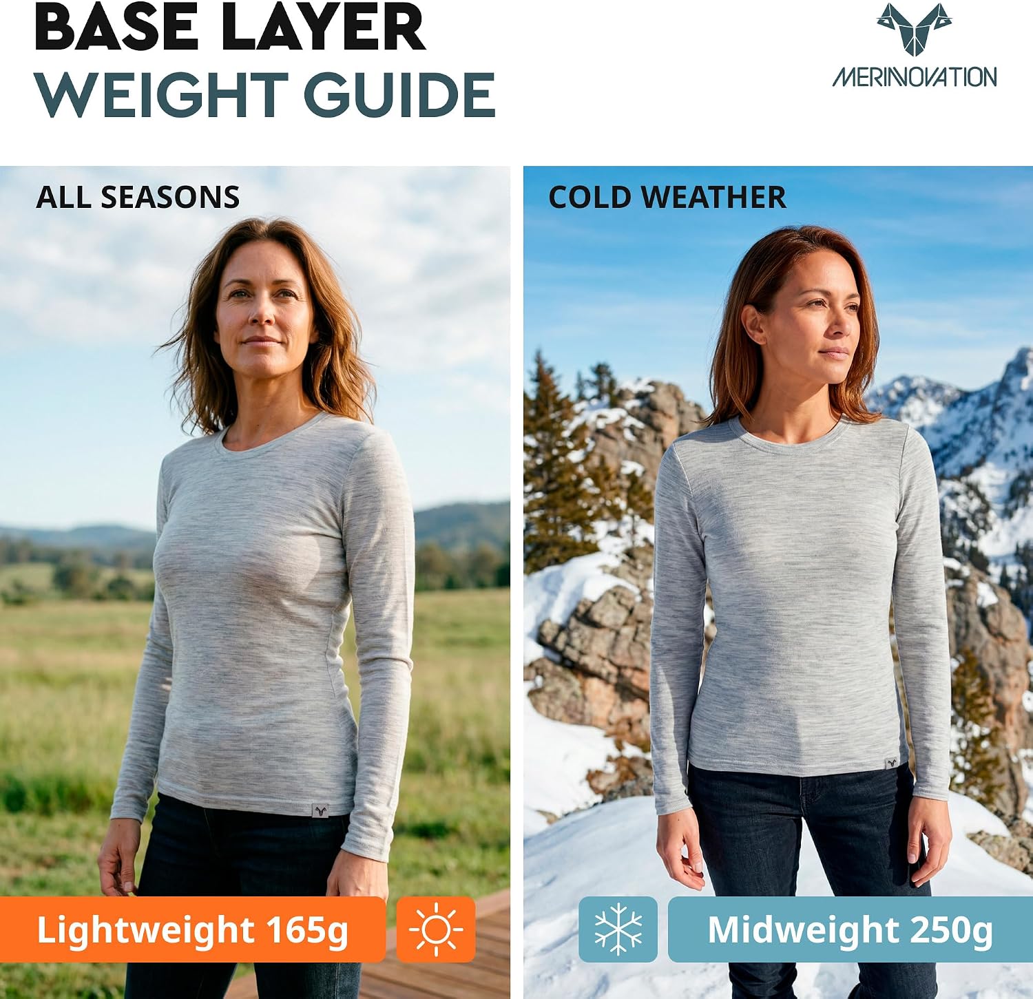 MERINNOVATION 100% Merino Wool Base Layer for Women - Long Sleeve Crew Neck Thermal Top Merino Wool Women's Shirt
