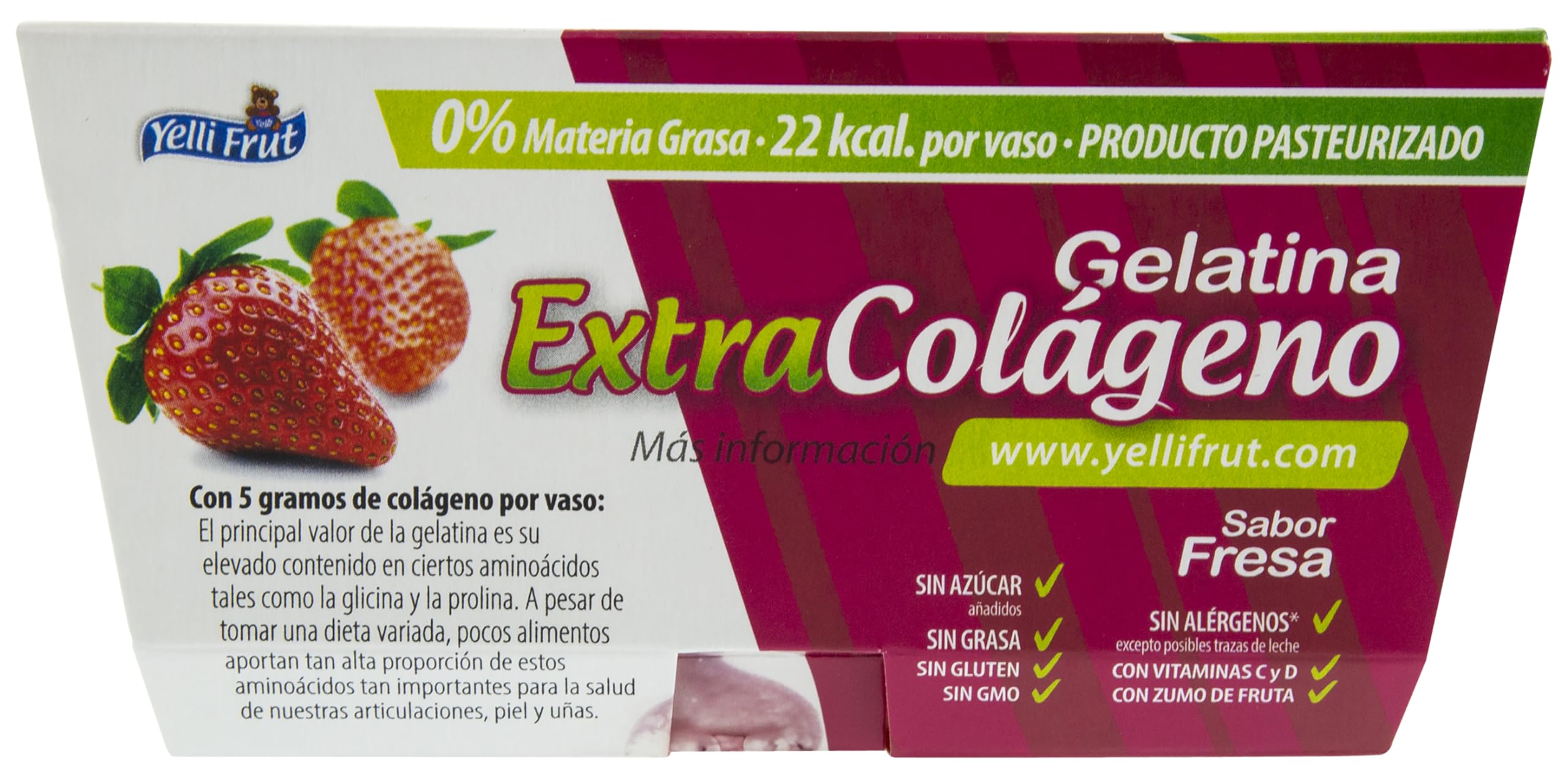 Extra Colágeno Fresa. Postre de Zumo de Frutas y Gelatina. Sabor Fresa en tarrina de 100 gramos. Pack de 12x4 = 48 tarrinas. 8g de colágeno mejora la flexibilidad y función de las articulaciones