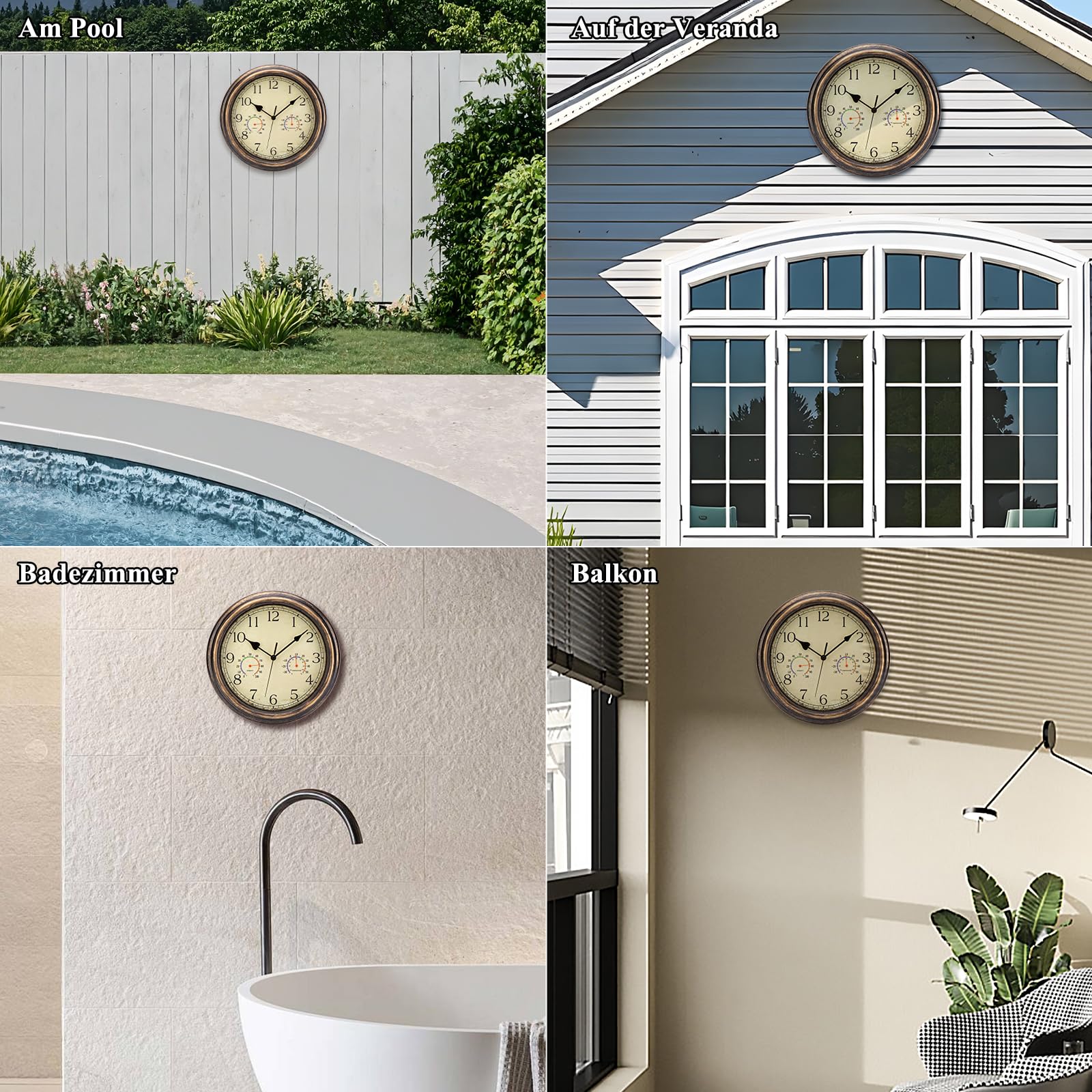 ACCSHINE Horloge Murale Extérieure étanche avec Affichage du thermomètre et de l'hygromètre, sans tic-tac, silencieuse, 30 cm, à Quartz, fonctionnant sur Pile, Grande Horloge décorative pour Jardin.