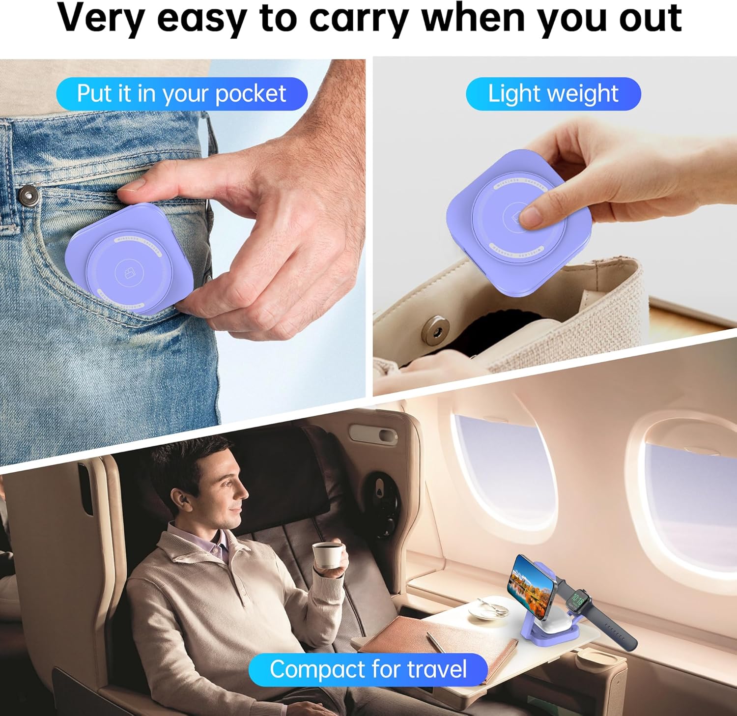 3 in 1 Mini Foldable Charging Station for Apple Devices, Wireless Charger Stand for Magsafe for iPhone 17/Air/16/15/14/13/12 Series, Apple Watch Series, AirPods pro/2/3/4, Gifts for Women Men (Purple)