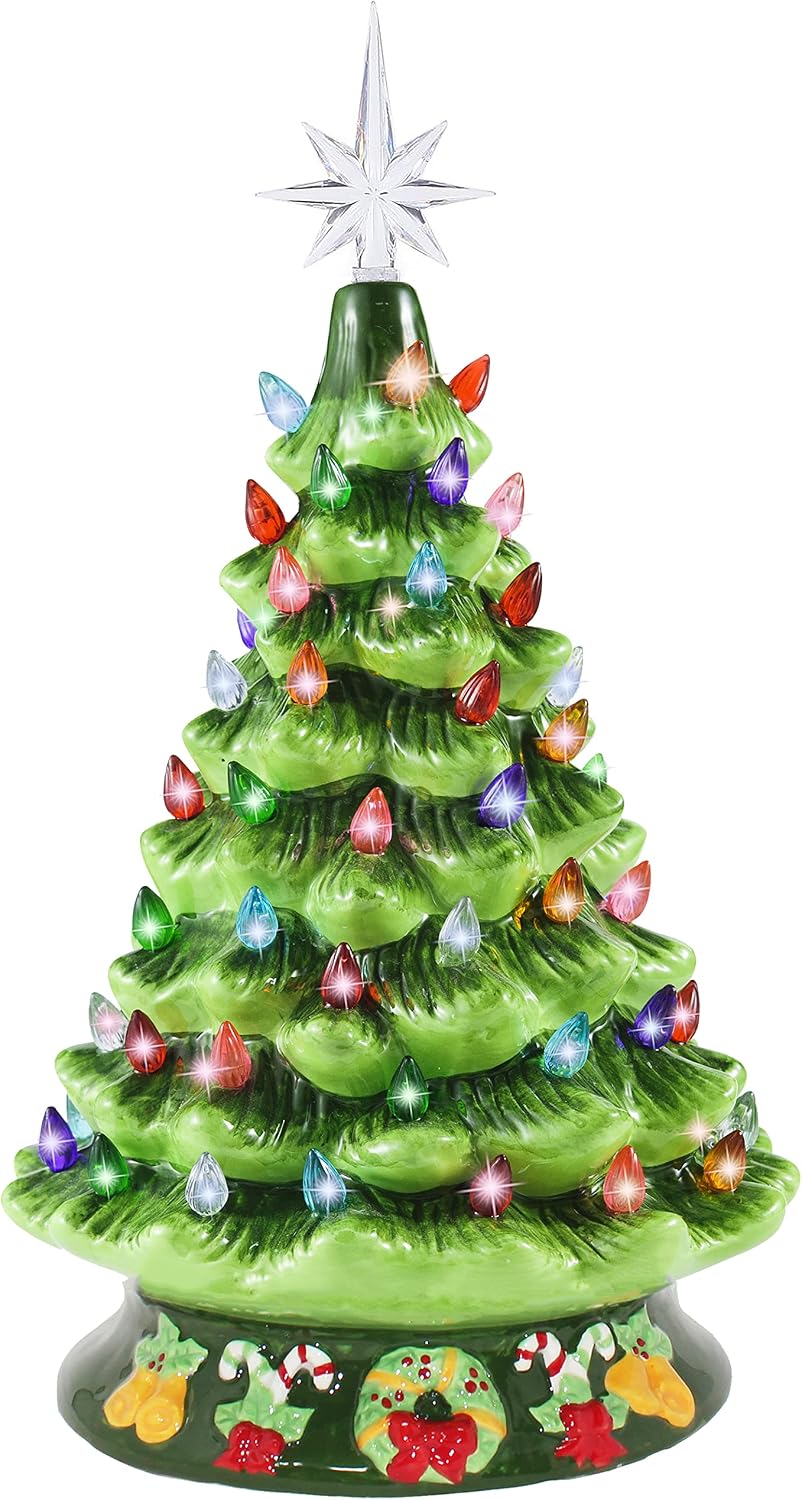 Joiedomi 15in Tabletop Prelit Ceramic Christmas Tree with Multicolor Lights, Hand-Painted Ceramic Tabletop Christmas Tree for Christmas Holiday Indoor Decorations