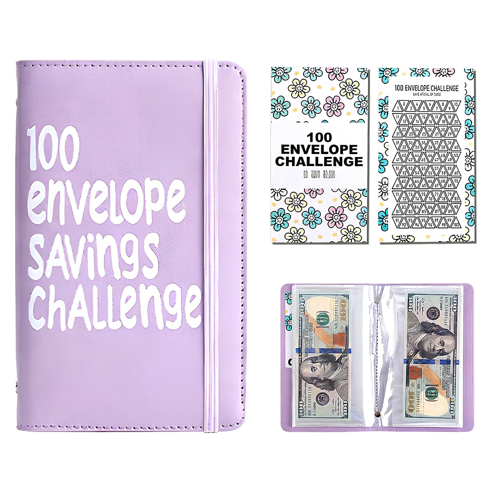 Money Saving Wallet, 100 Envelope Savings Challenge Book A6 with Cash Envelopes, PU Leather Budget Binder with Tracker Card for Couples Cash Budgeting(Purple)