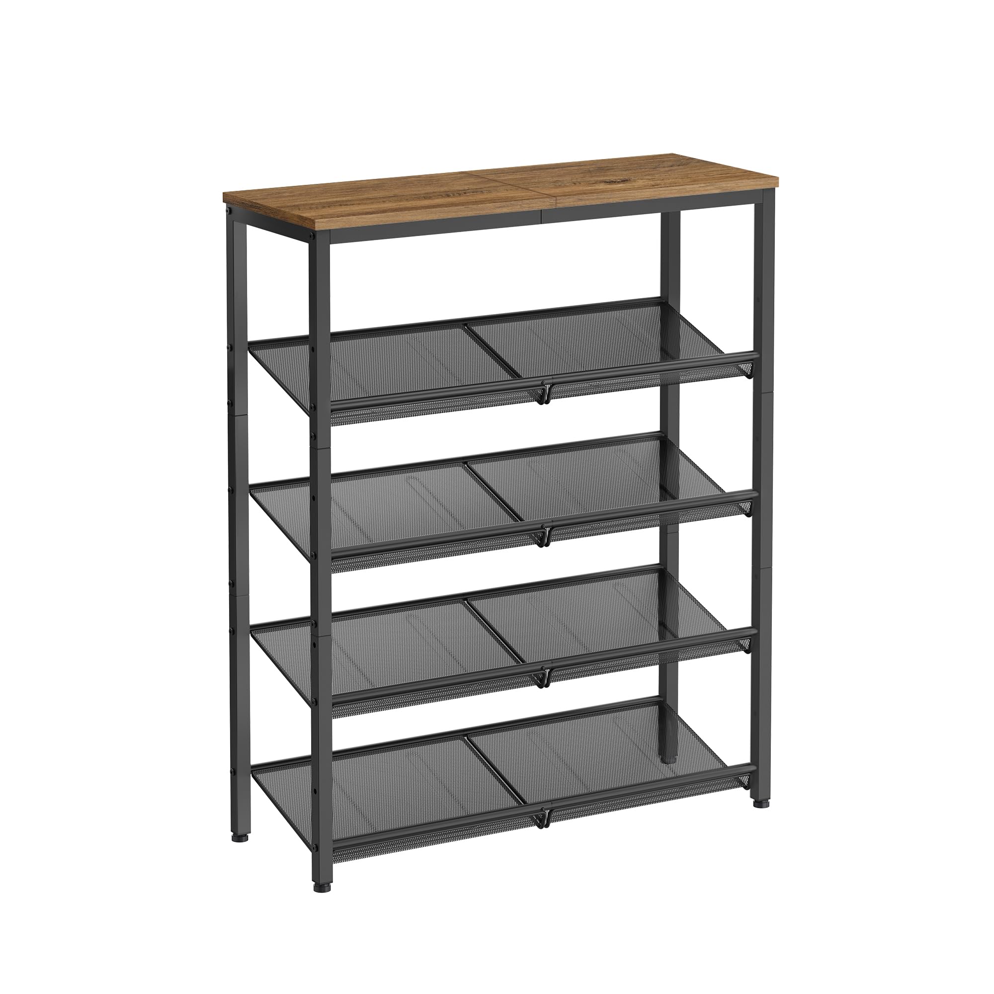 VASAGLE Shoe Rack, 5-Tier Shoe Storage with Shelves and Large Top, Adjustable Mesh Shelves, Space-Saving for Entryway, Hallway, Steel, Industrial, Honey Brown and Ink Black LBS038K01
