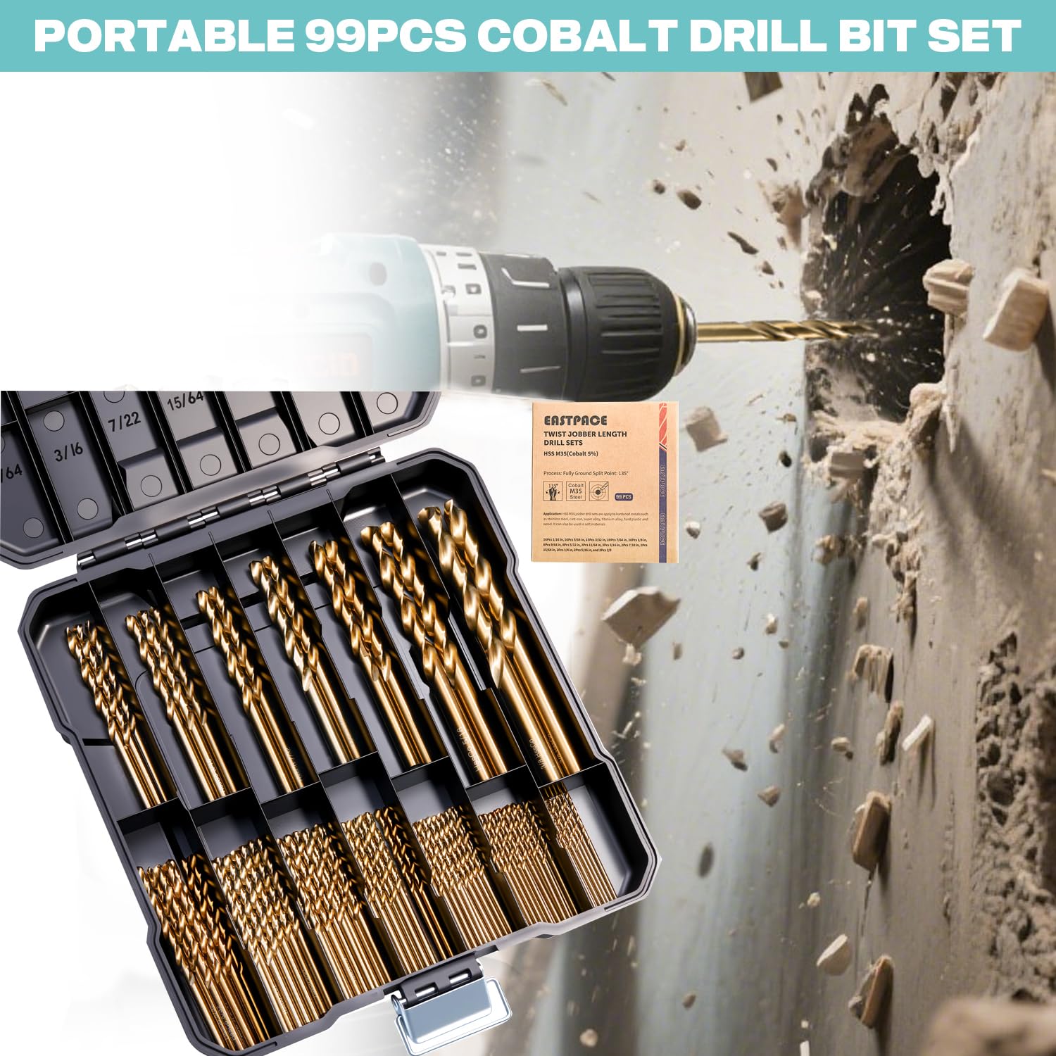 Juego de 99 brocas de cobalto M35, 0.08 a 1 pulgadas, kit de brocas helicoidales para acero inoxidable, metal duro y plástico de madera con caja indexada portátil
