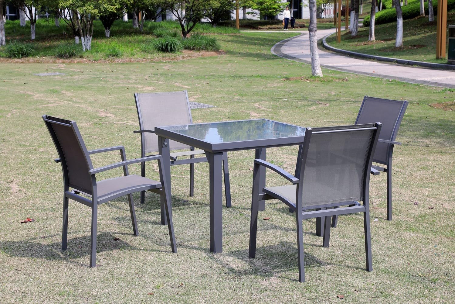 FLZOSPER 35.4’’（90cm） Patio Dining Table Metal Outdoor Table for 4 Person Lawn Garden Bistro Square Table, Tempered Glass on Top