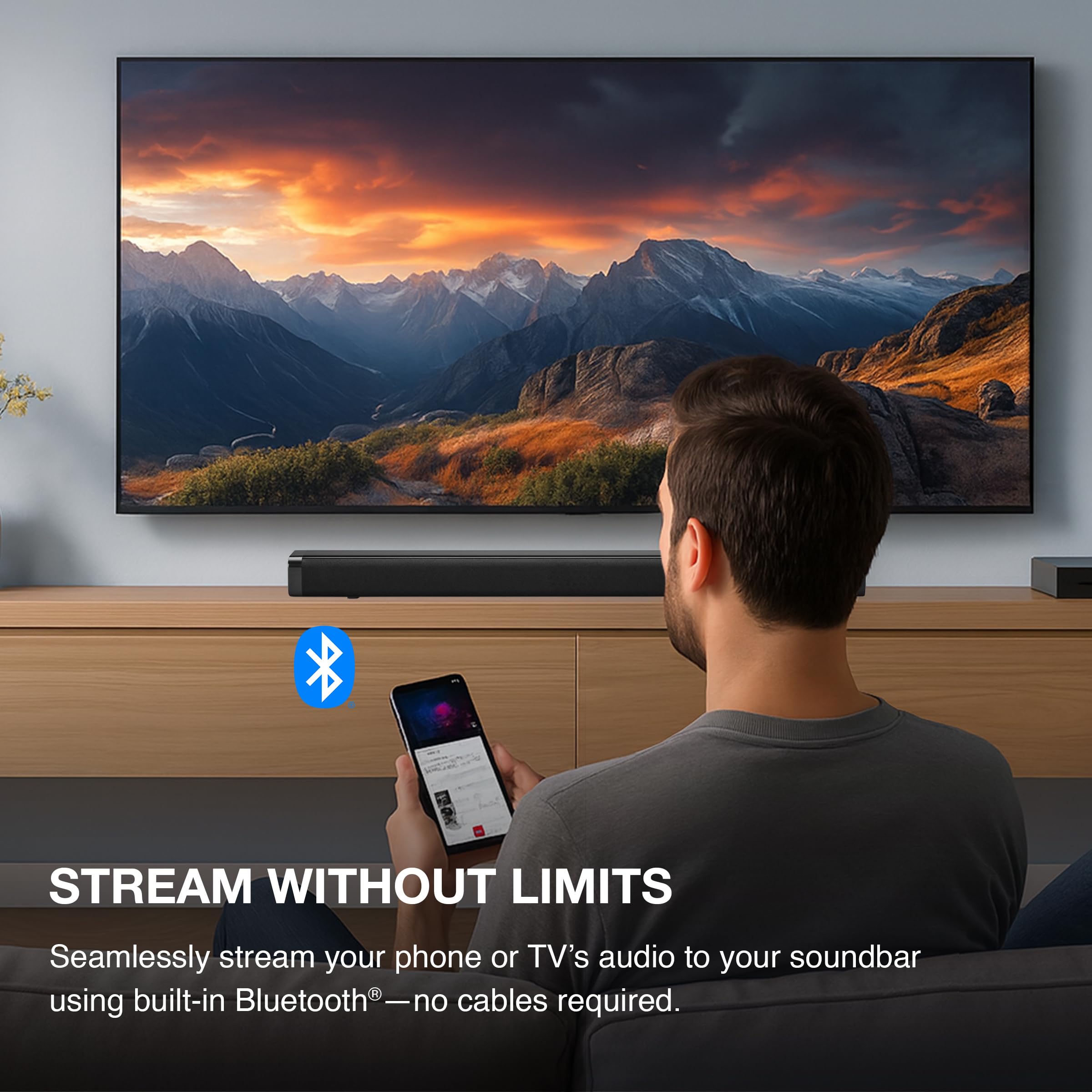 iLive Soundbar Bluetooth 32" z bezprzewodowym subwooferem, 2,1-kanałowy dźwięk stereo, wejścia stereo AUX i RCA, wejście audio 3,5 mm, 3 ustawienia audio, soundbar ścienny