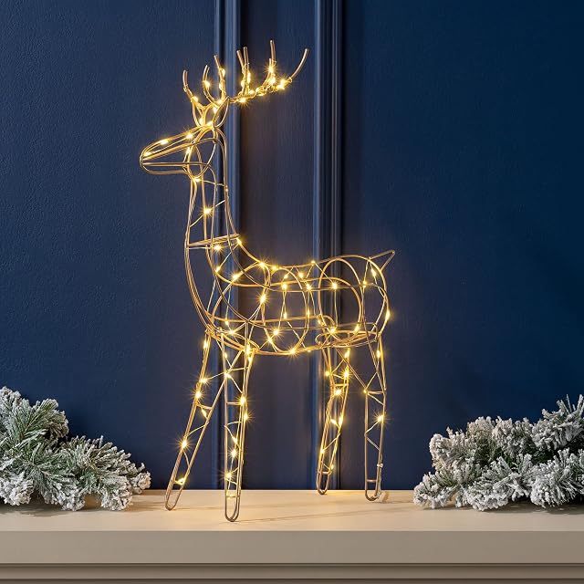 CHRISTOW Champagne Gold Reindeer Ornament Indoor Christmas Decoration Battery Operated H48cm (Standing)