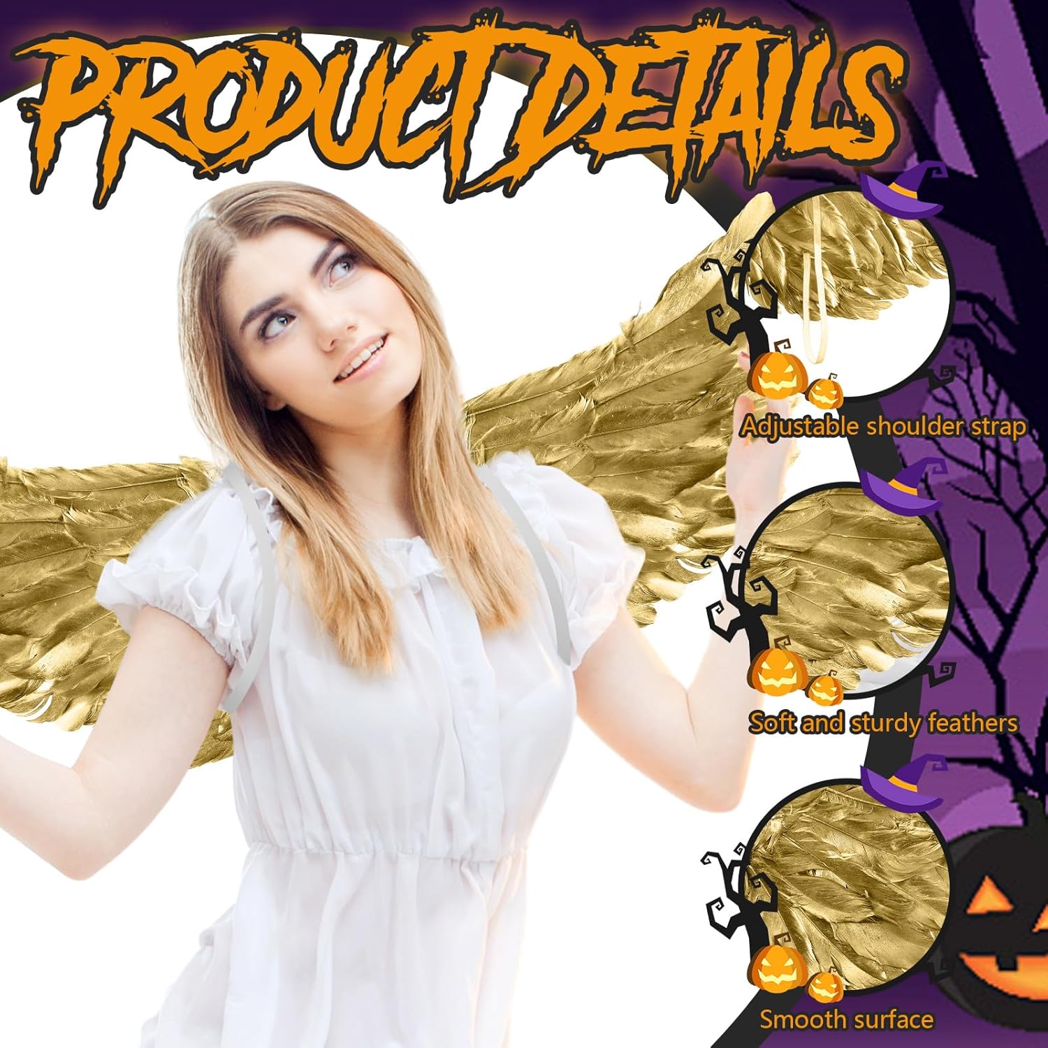 Jenaai 2 Pieces Halloween Angel Wings Feather Wings with Elastic Straps Cosplay Wing for Halloween Costume Party Women (23.62 x 13.78 inches,Gold)