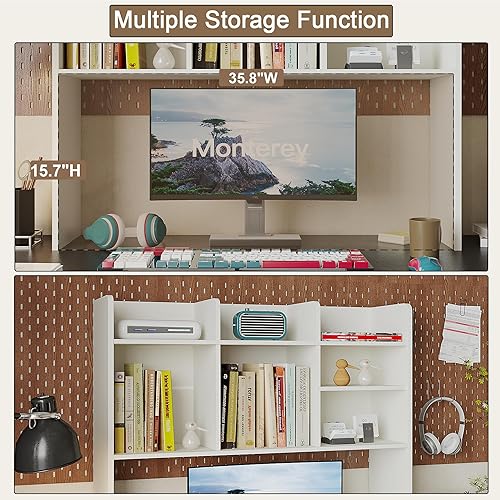 Miniatura 5 de ChooChoo Estantería de escritorio, organizador de escritorio de madera con 7 estantes para escritorio de computadora, estante de escritorio,