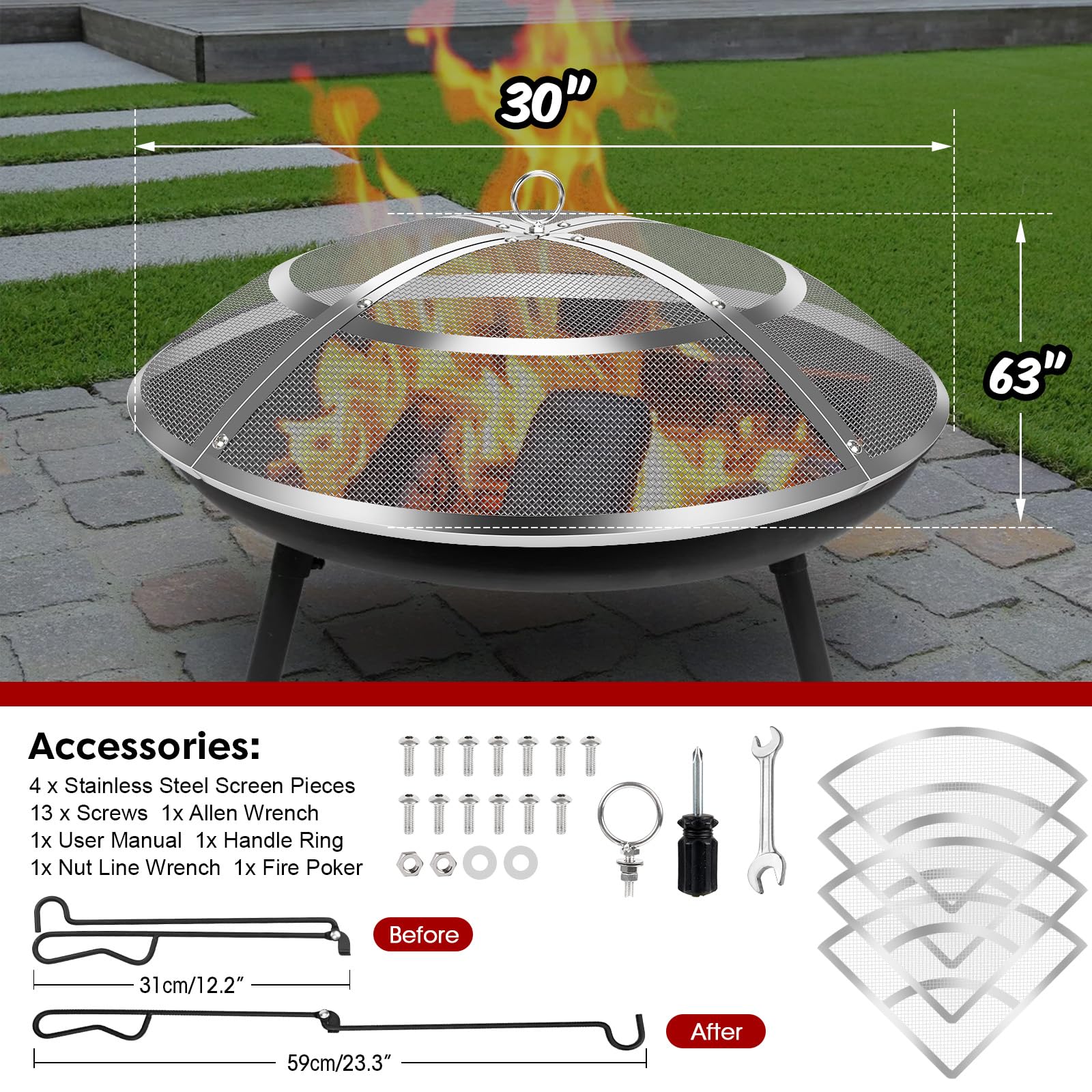 Paravento per braciere, 76,2 cm, in acciaio inox, per esterni, con manico e attizzatoio, copertura rotonda a rete, in acciaio resistente, ricambio per cortile, spiaggia, camper e campeggio
