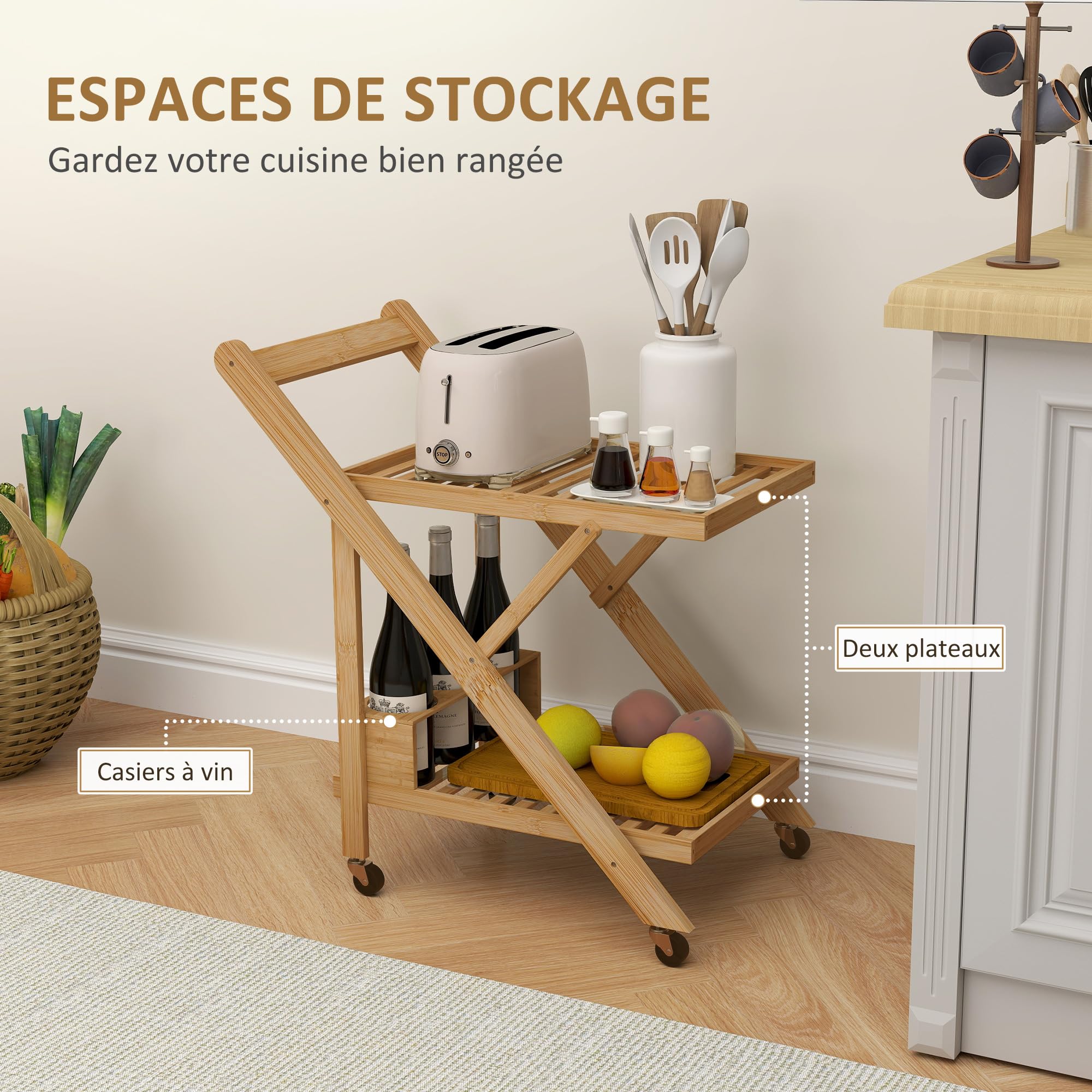 HOMCOM Desserte de Cuisine en Bambou, Chariot de Service Pliable, avec 2 Plateaux, 4 Roues, 3 casiers à vin, 66 x 40 x 70 cm, Bois Naturel