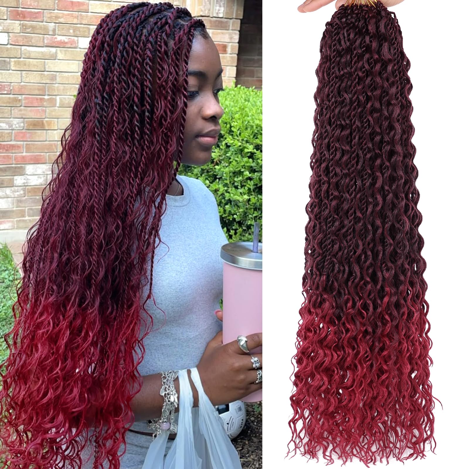 RuiYok 9 Packs 24 Inch Boho Senegalese Twist Crochet Hair with Curls Pre-Looped Bohemian Island Twist Crochet Braids Ombre Burgundy Boho Goddess Twist