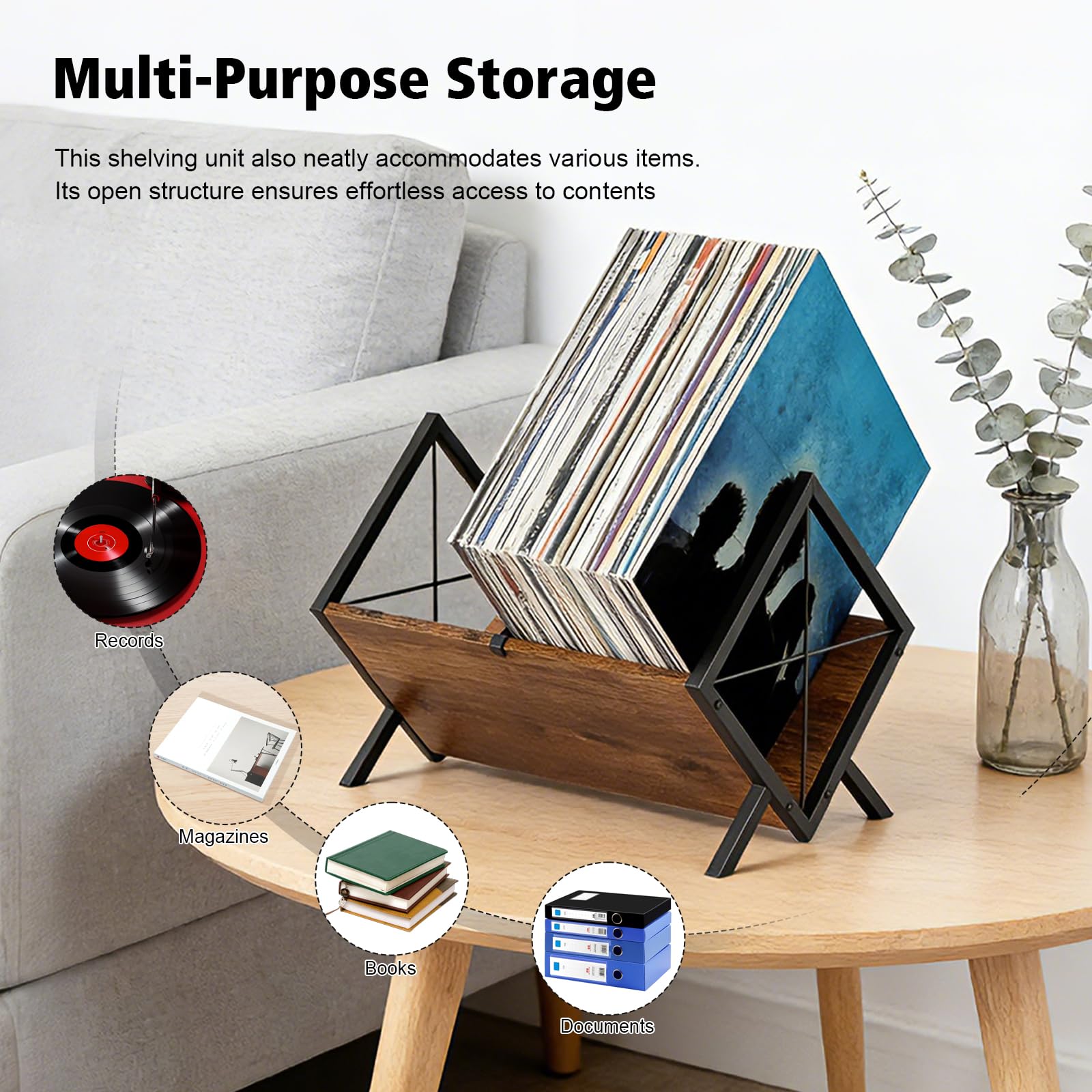 Porta Vinili per 80-100 Dischi,Supporto Espositore per Dischi in Vinile | Mobile Porta CD e Riviste con Divisori Antiscivolo,Design Retrò Industriale per Soggiorno e Ufficio